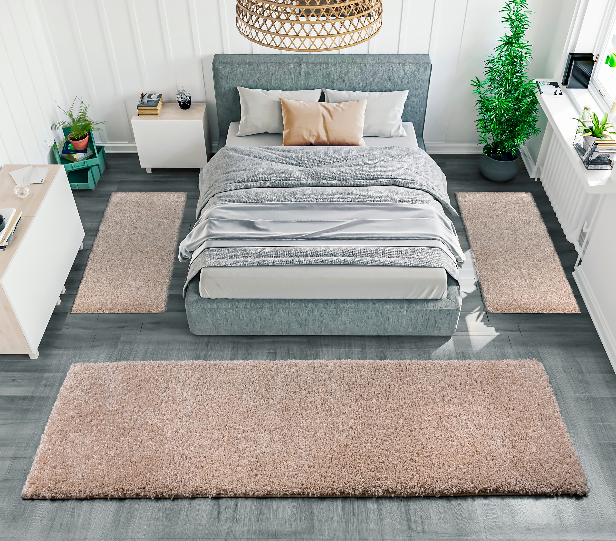 my home Bettumrandung »Shaggy 30«, (3 tlg.), gewebt, 2- oder 3-teilig, Bettvorleger, Läufer-Set, Uni-Farben