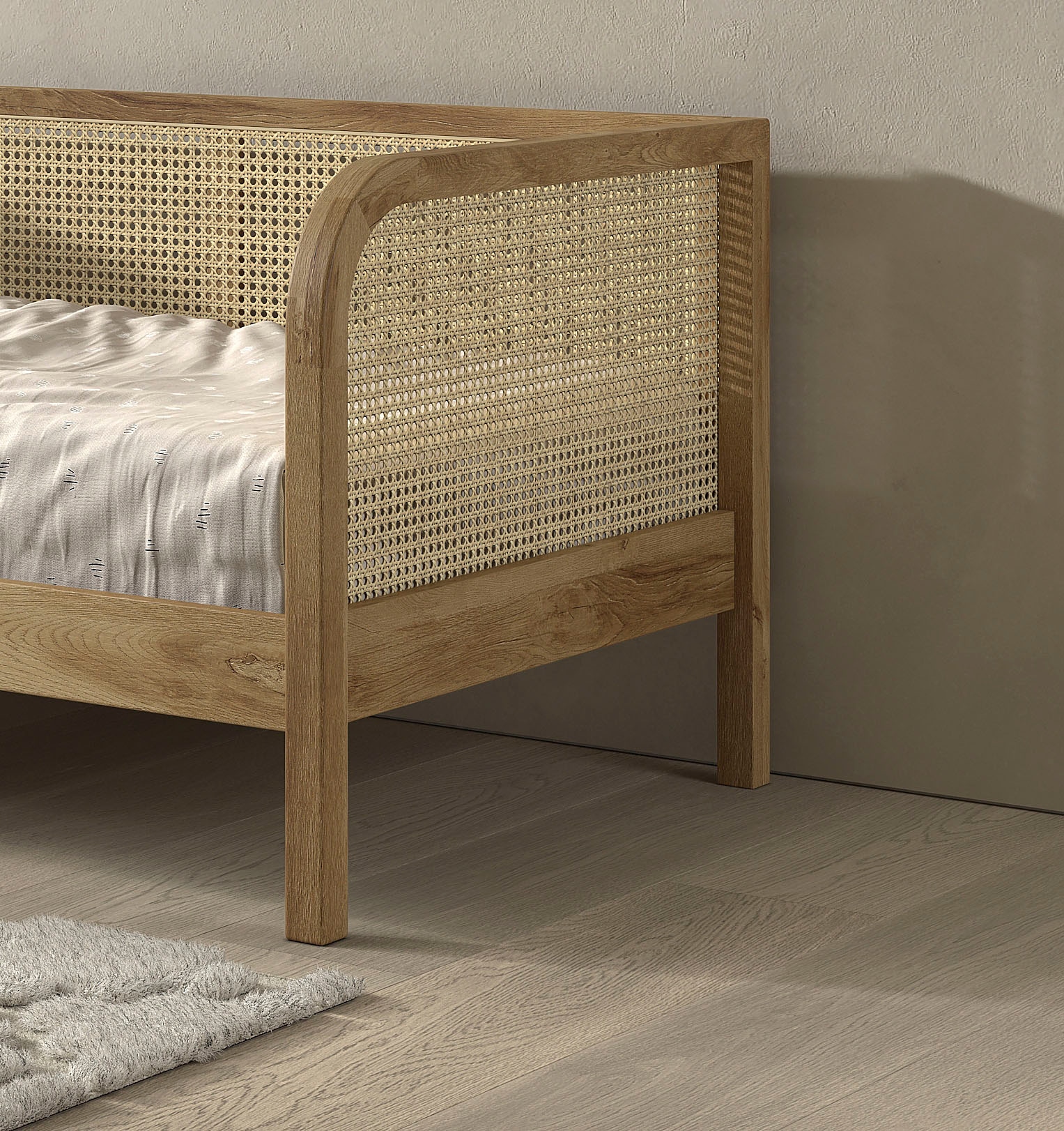 Home affaire Bett »Olive, mit massiven Bettpfosten, stabilem Lattenrost«, (B/H/T ca. 90/75/200cm), mit Lattenrost und trendigem Rattan