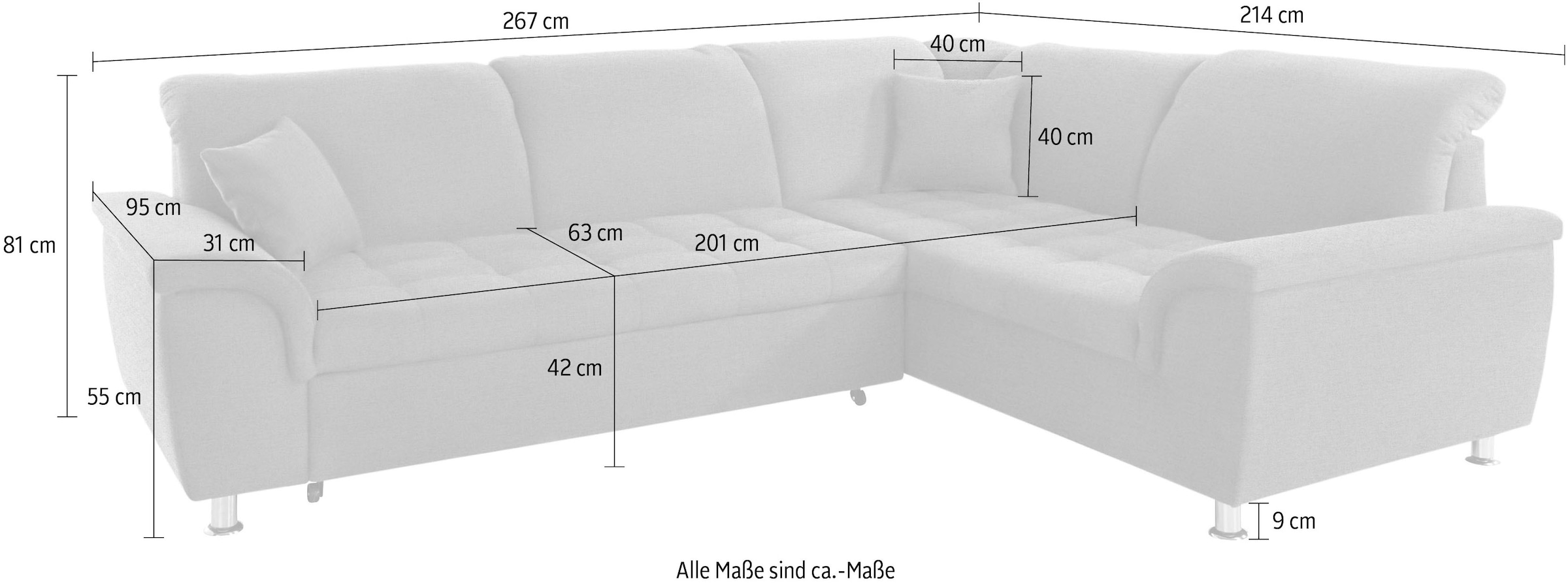 DOMO collection Ecksofa »Franzi, zeitlos und elegant, moderne Sitzheftung, L-Form«, wahlweise mit Kopfteilverstellung (dann Breite: 275 cm)