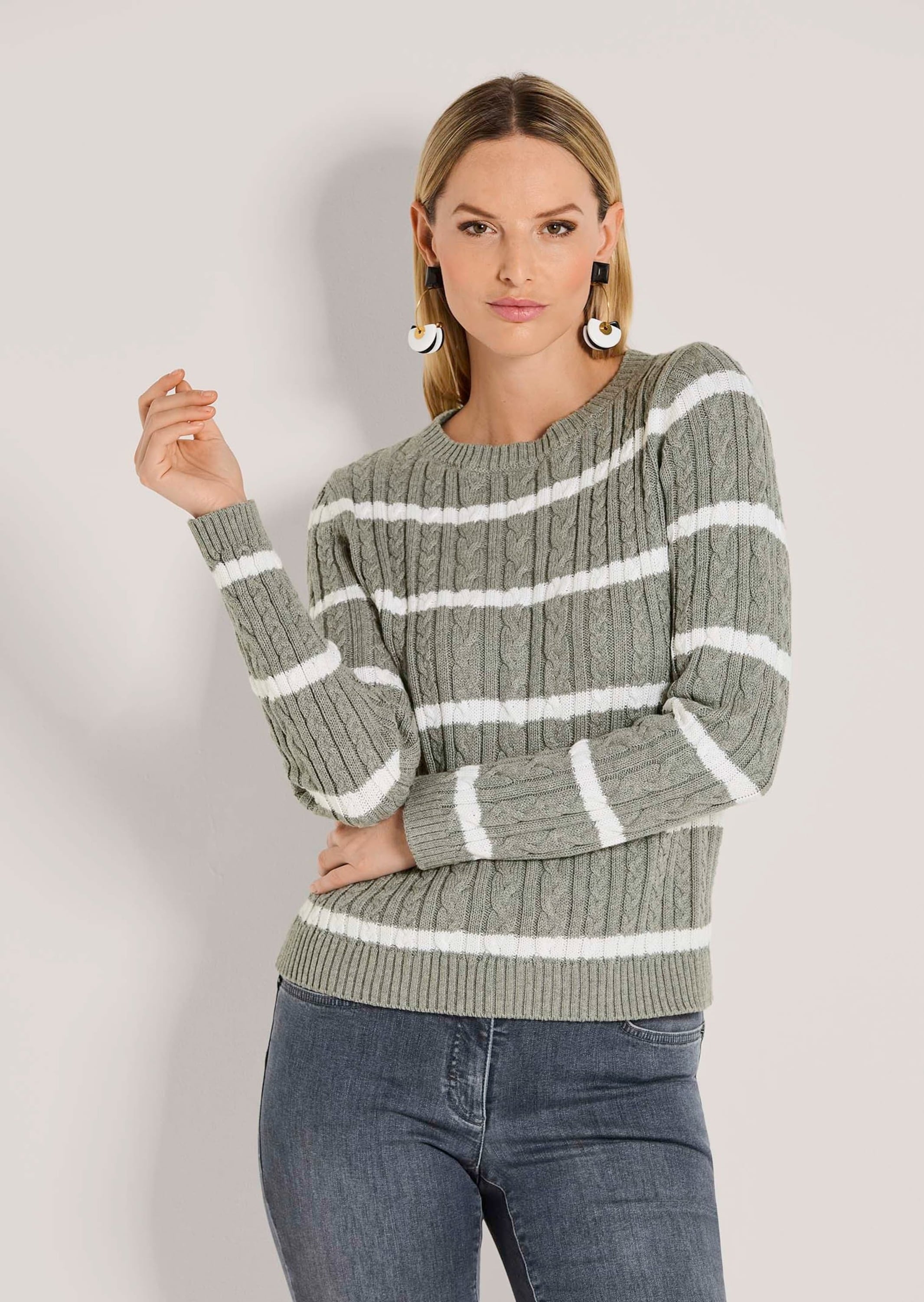 MADELEINE Longpullover »Strickpullover Moderner Baumwollpullover mit Zopfmuster und Ringel-Design« Kontraststreifen
