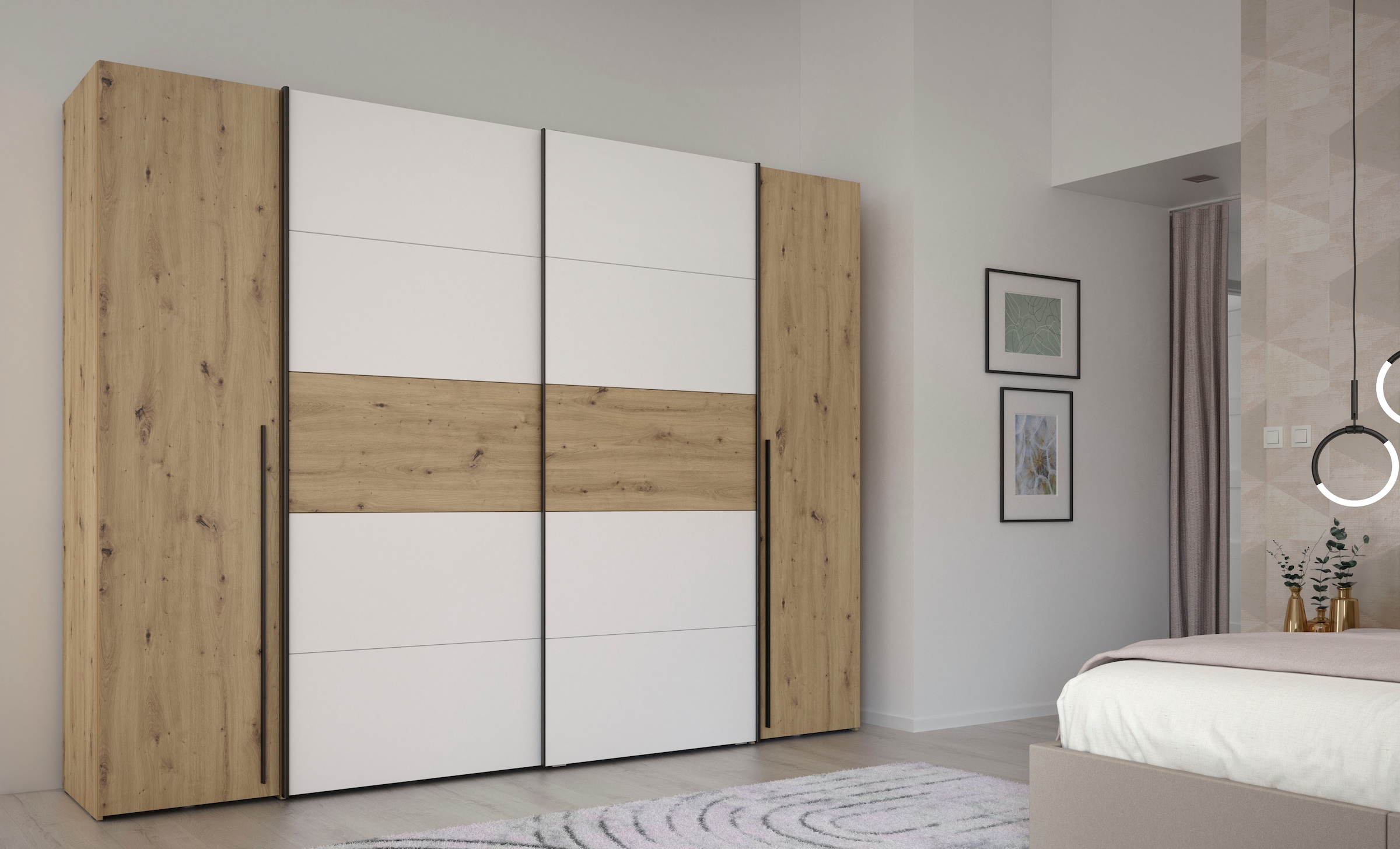 FORTE Dreh-/Schwebetürenschrank »Narago, TOPSELLER, Made in Europe, zeitloses Design«, (B/H/T ca. 270x210X61cm, Farbe Weiß auch mit Spiegeln erhältlich), viele Einlegeböden teilweise variabel einsetzbar, maximaler Stauraum