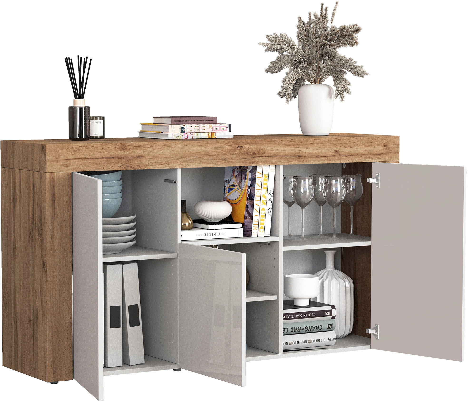 INOSIGN Sideboard »CHRONOS Breite 155 cm mit 3 Türen, 1 offenes und 6 geschlossene Fächer«, (1 St.), Sideboard,Kommode, Schrank, Grifflos mit Push to Open, Made in Italy