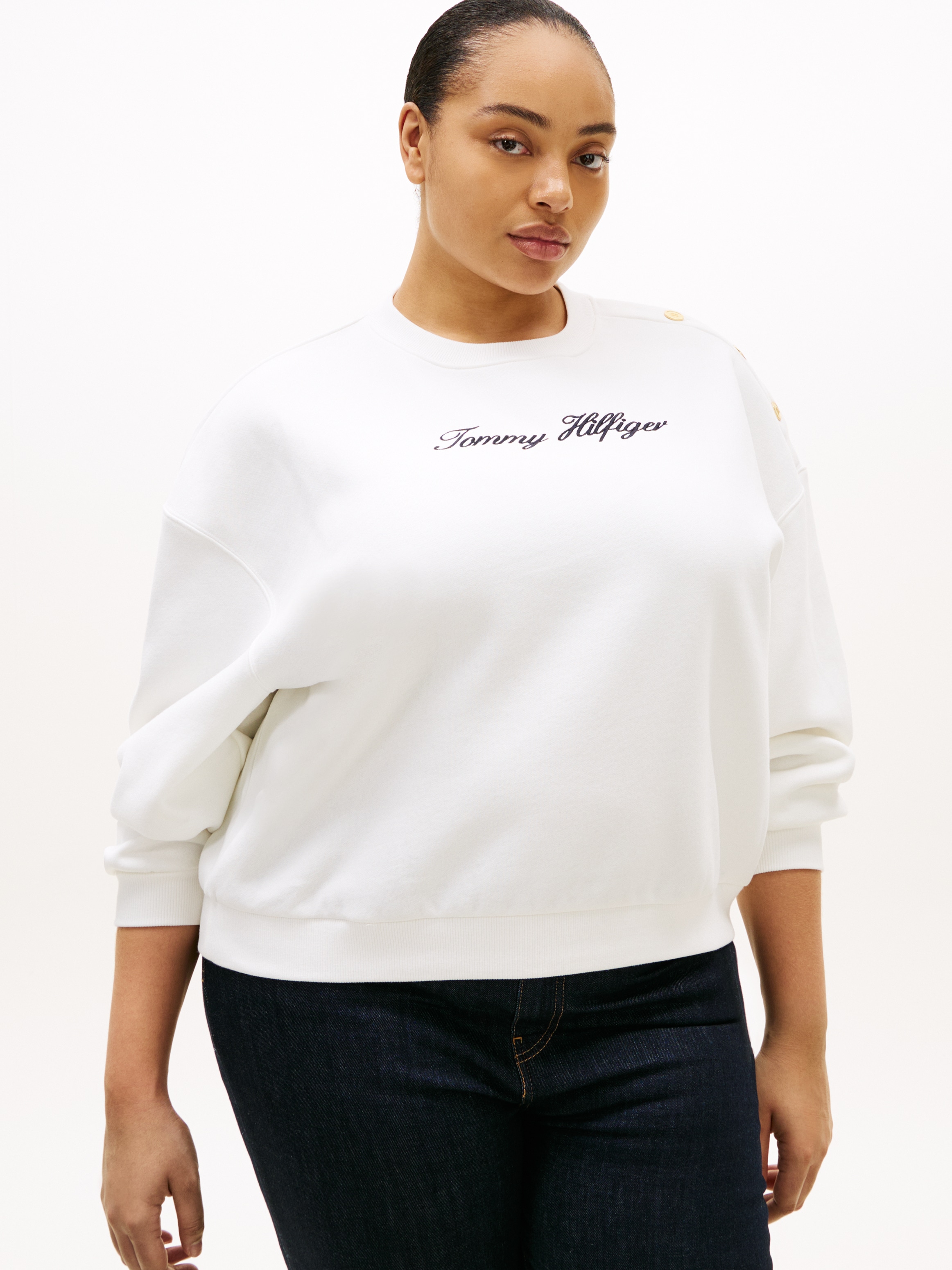 Tommy Hilfiger Curve Sweatshirt »CRV GOLD BTN SCRIPT FLEECE SWRT«, in großen Größen, mit goldfarbenen Zier-Knöpfen
