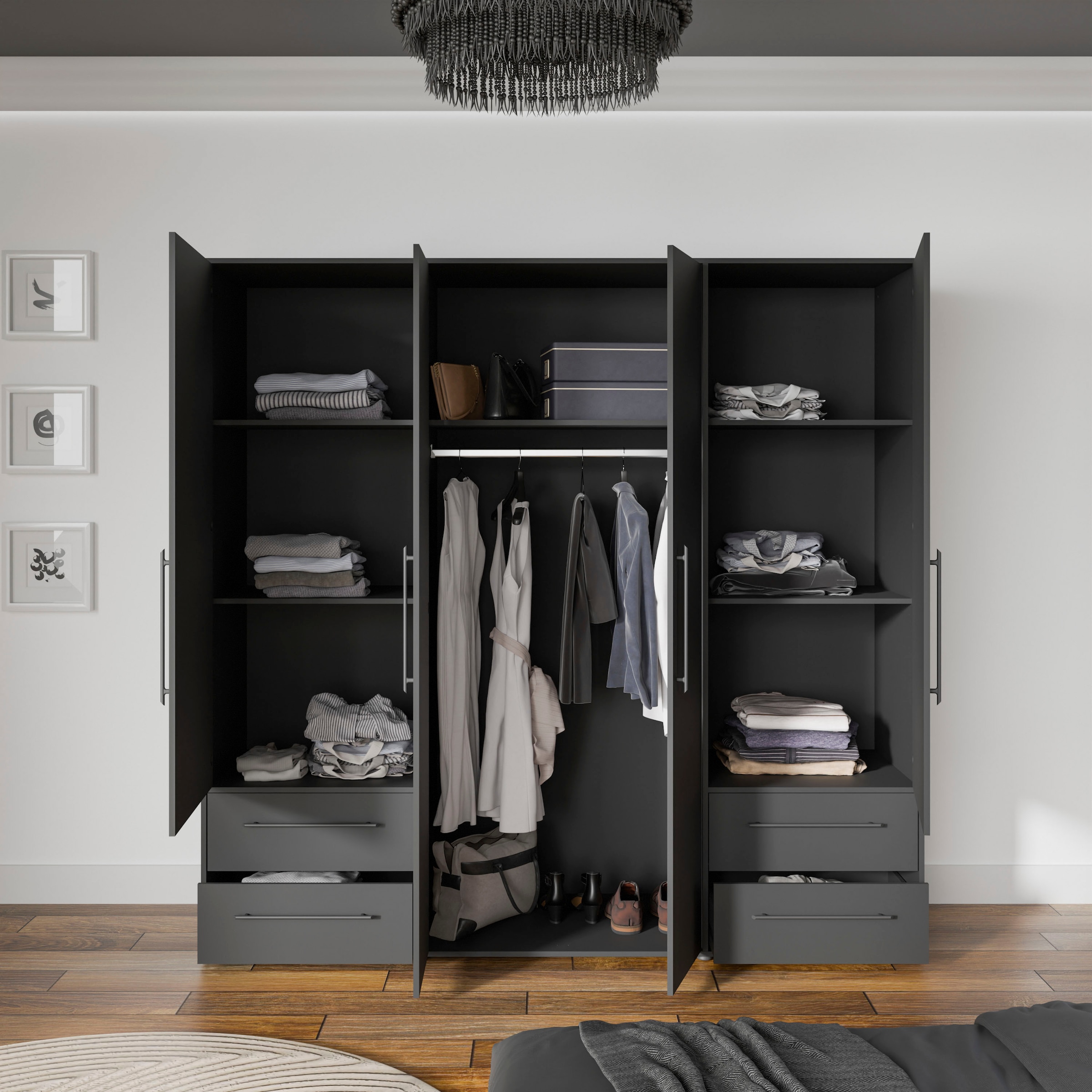 FORTE Drehtürenschrank »Mokkaris, TOPSELLER! 3 oder 4 Türen, zeitloses Design«, (BHT ca. 145x200x59cm oder BHT ca. 206x200x59cm), Schubladen + schwarze Stangengriffe, Made in Europe, viel Stauraum