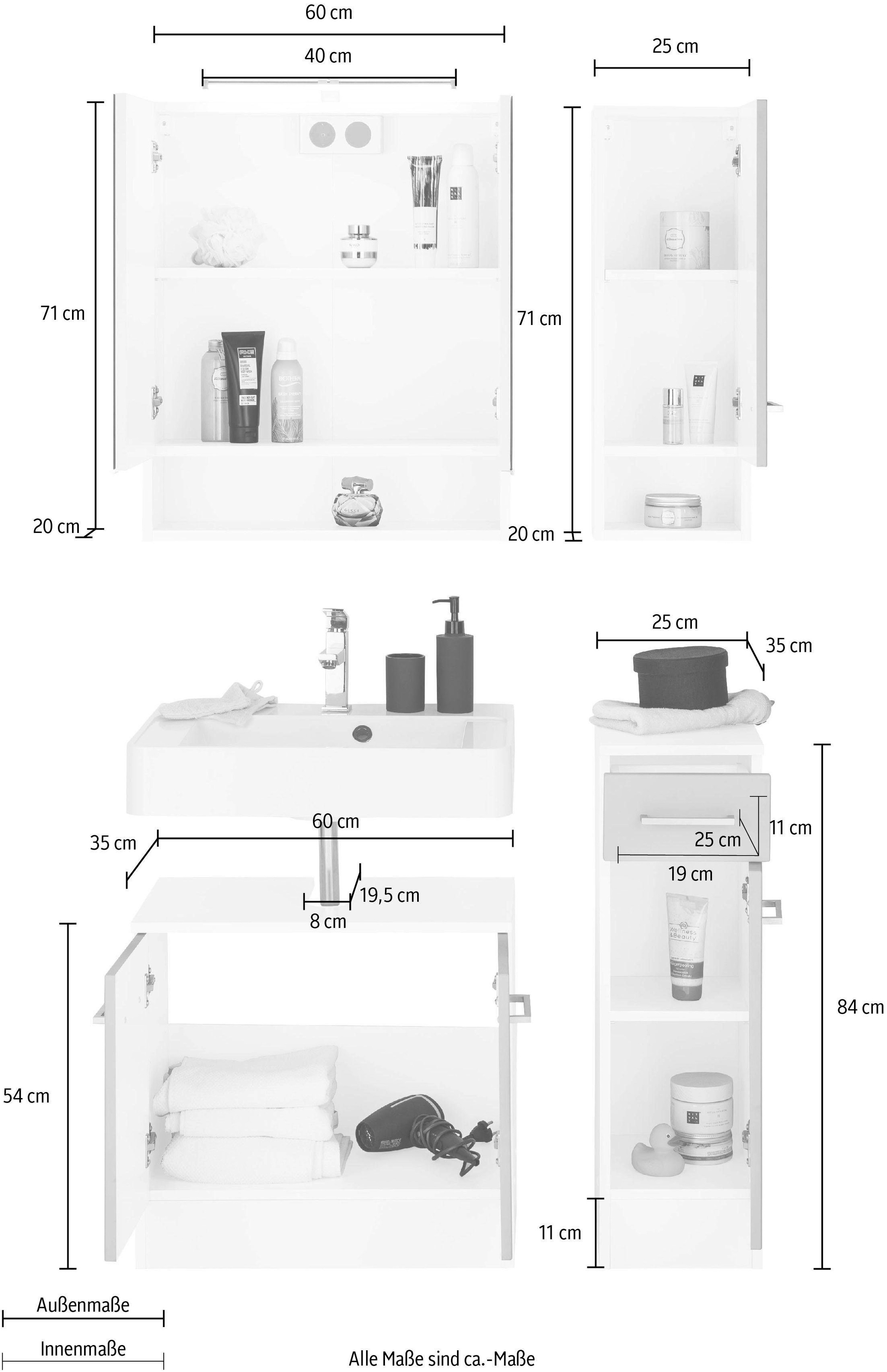 HELD MÖBEL Badmöbel-Set »Ribera«, (4 St.), Spiegelschrank, Waschplatz, Hängeschrank, Unterschrank