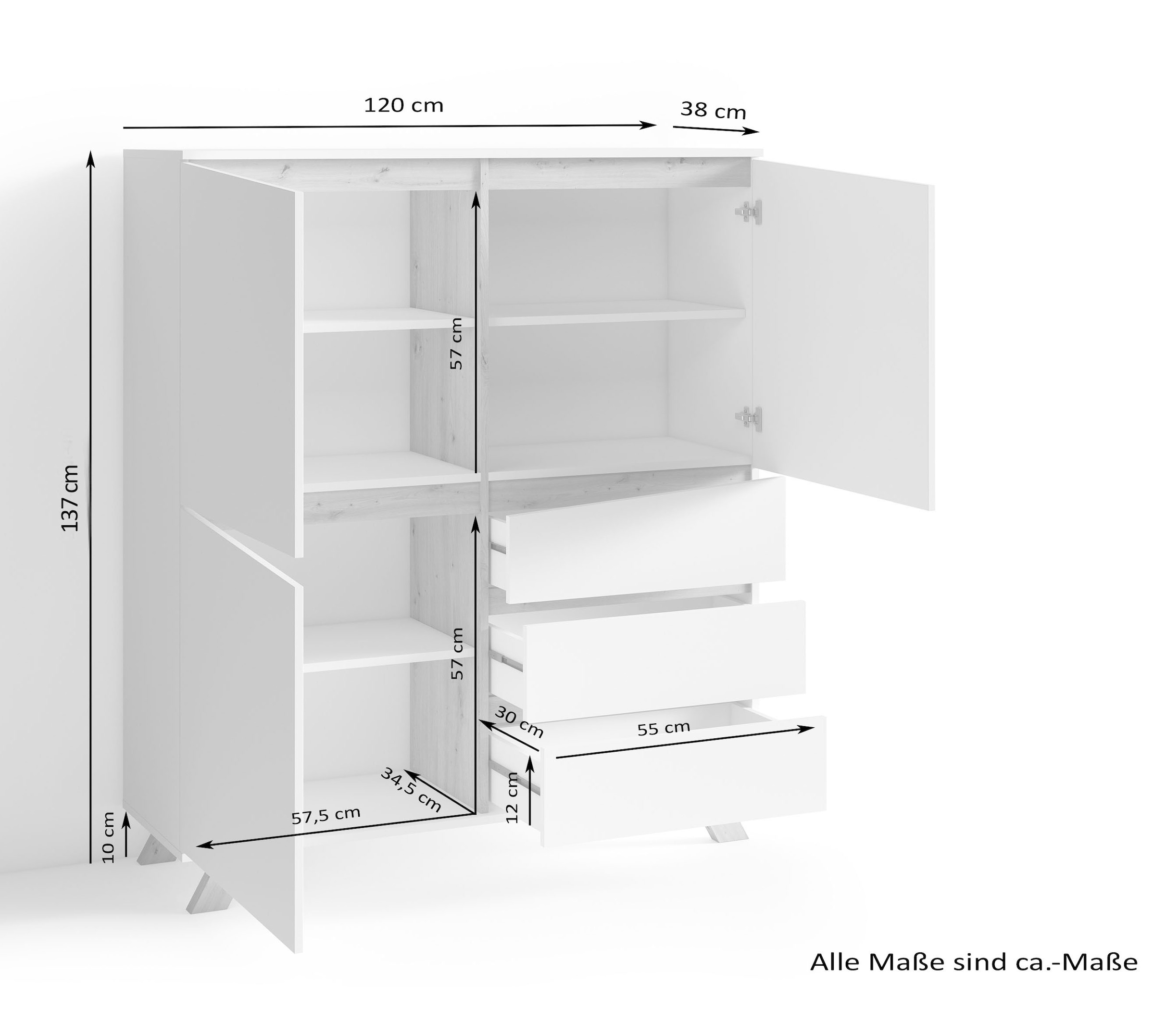 INOSIGN Highboard »Valentin« 3 Schubkästen und 3 Türen, Breite 120cm in modernem Scandi - Design