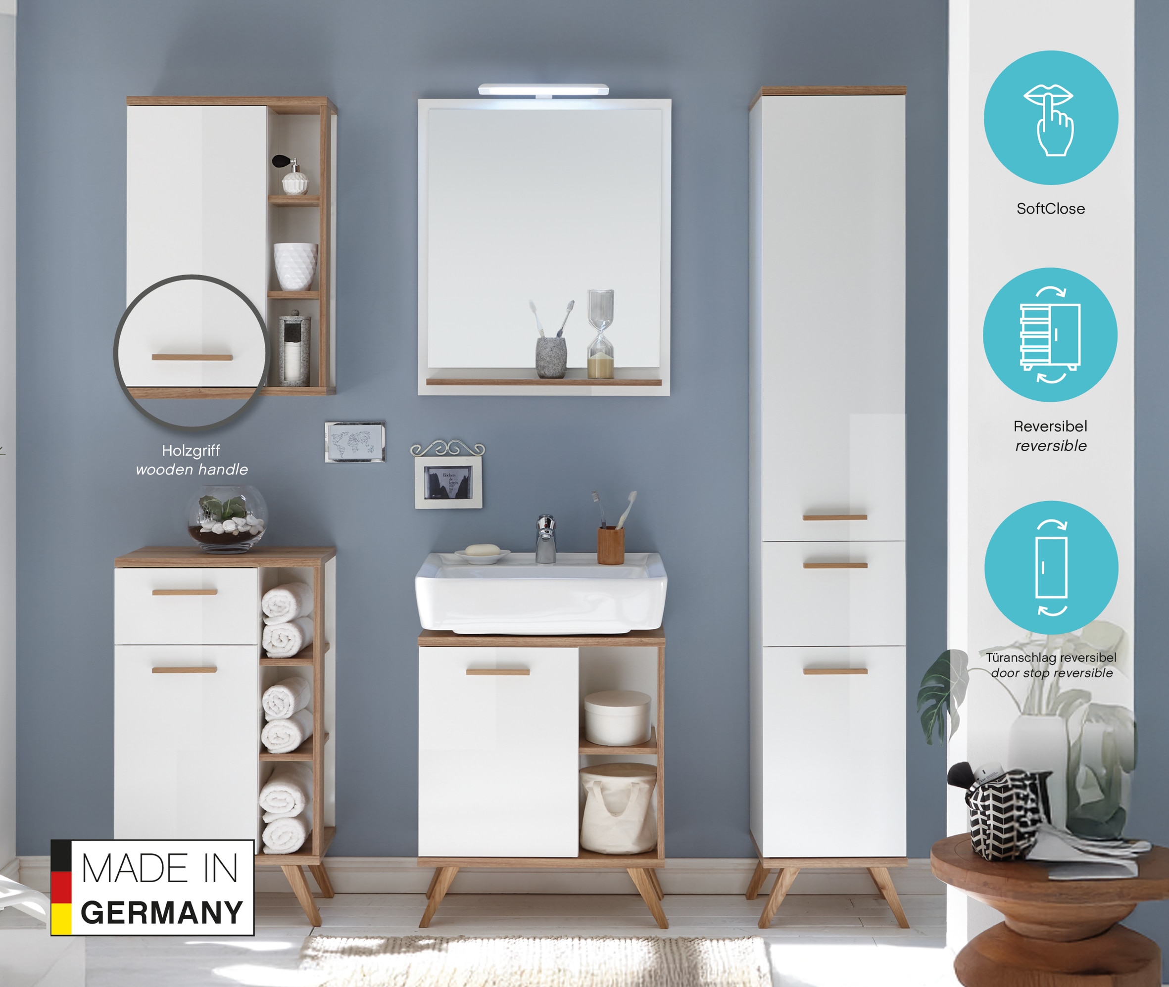 Saphir Waschbeckenunterschrank »Quickset Unterbeckenschrank mit 1 Tür, 60,5 cm breit, ohne Waschbecken« Waschbeckenschrank inkl Türdämpfer, seitliche Ablagefächer, Holzgriffe