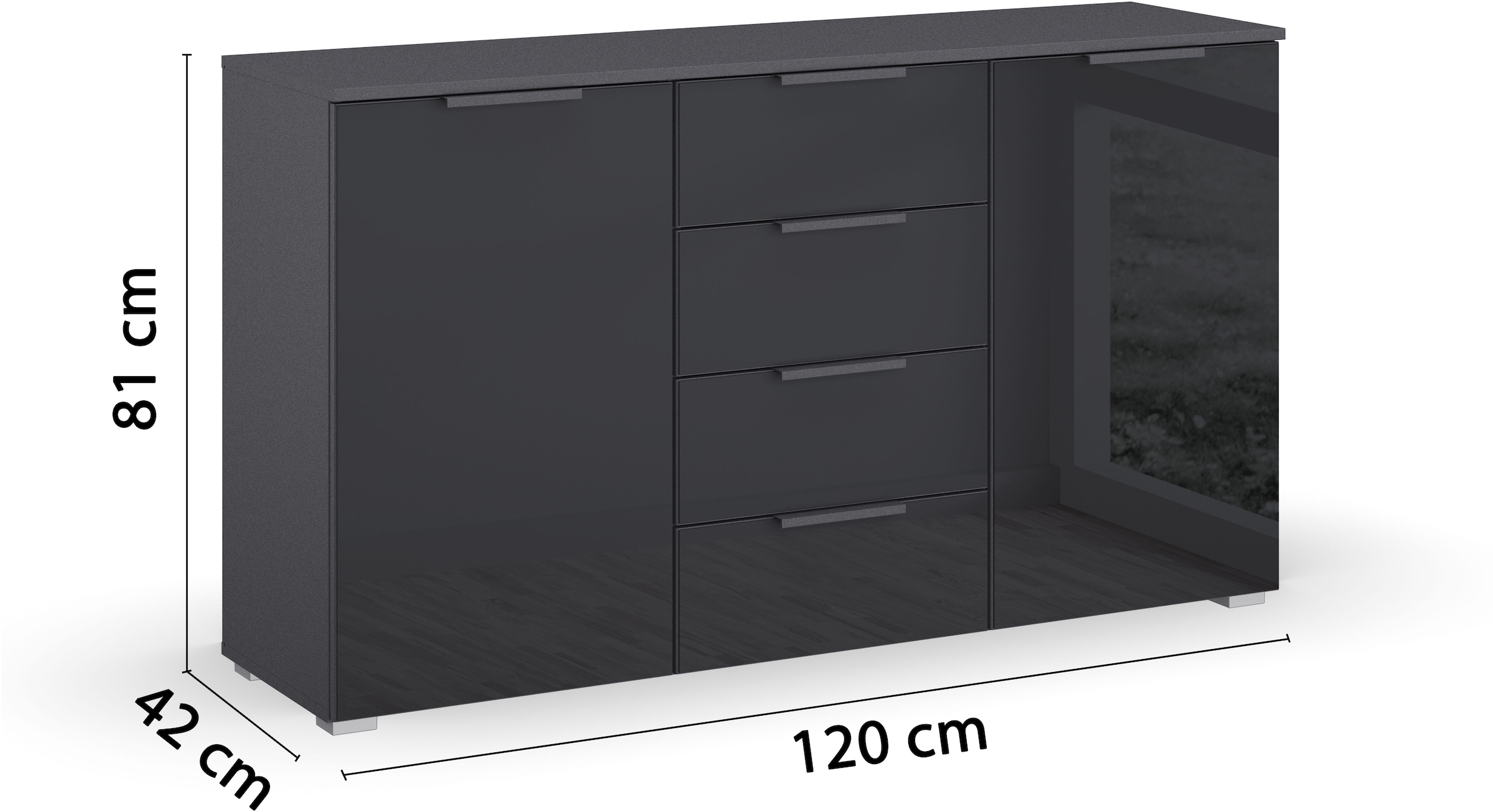 rauch Schubkastenkommode »Sideboard Kommode Kombikommode KOLUNA mit Glasfront«, (Breite 120 cm), vier große Schubladen, mit insgesamt 4 Einlegeböden MADE IN GERMANY
