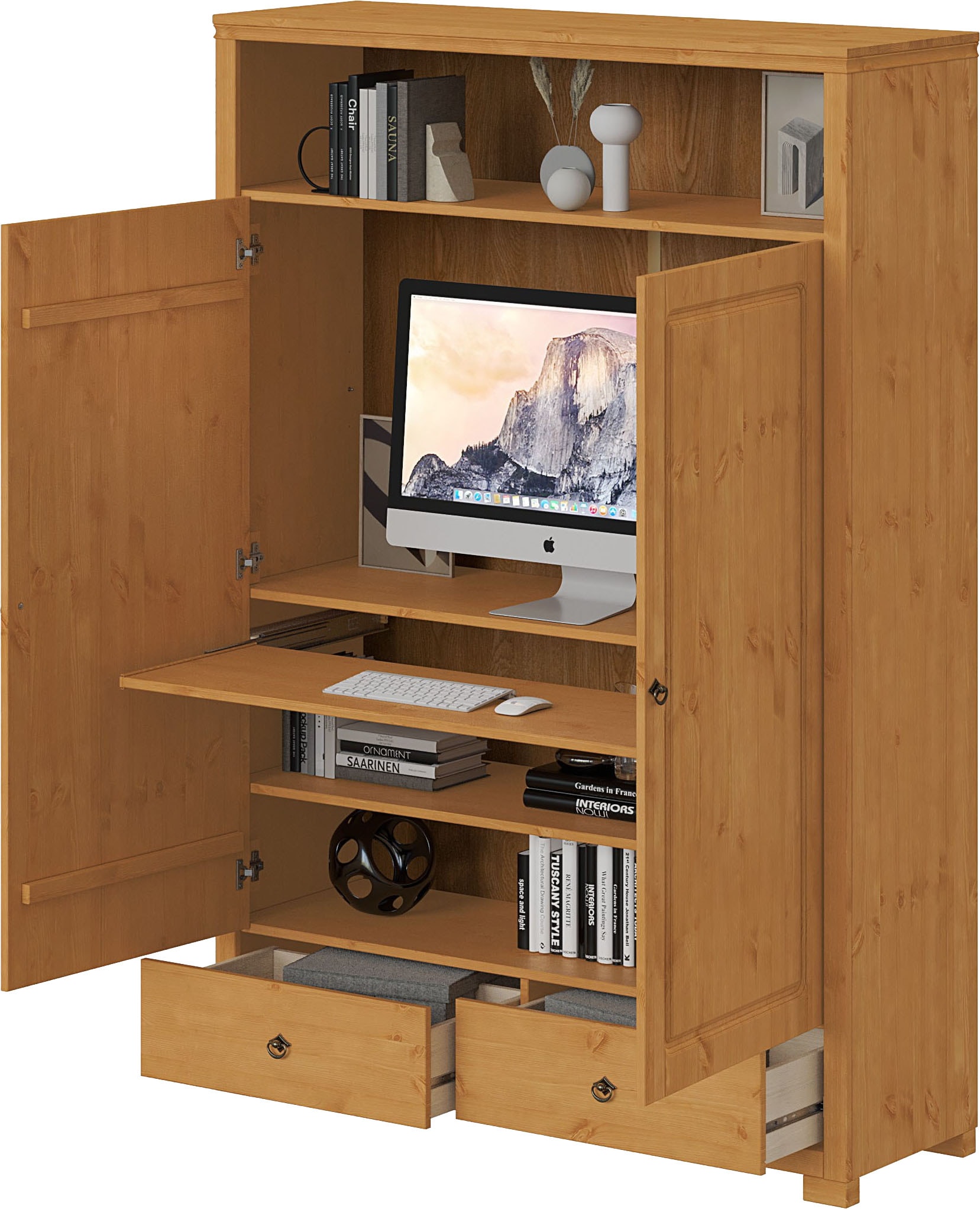 OTTO home Wäscheschrank »Clarius, Neuheit! Smarter ALLESKÖNNER, Mehrzweckschrank, Büroschrank«, (H/B/T ca. 180/125/40cm), mit Ausziehregal, Schublade, stabil + langlebig, Massivholz made in EU