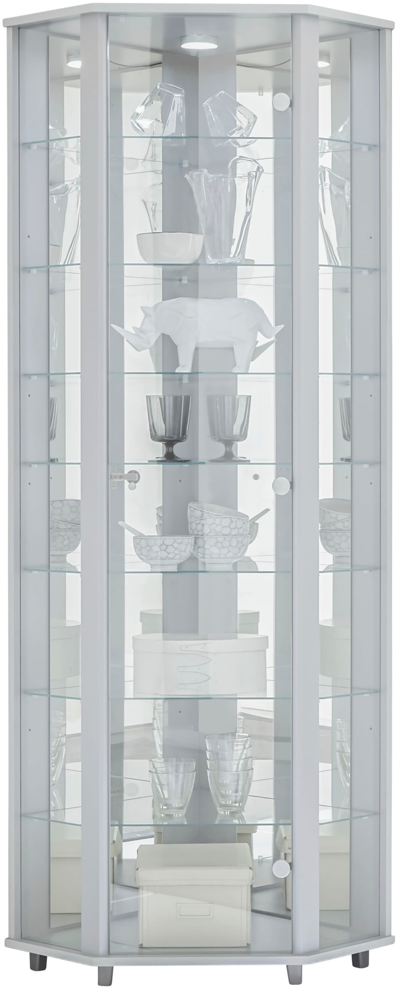 fif möbel, Eckvitrine »TRIO Höhe ca. 172 cm, ink. Beleuchtung« Eckvitrine/Glasvitrine 1x Glastür, perfekt für Sammler, Sammlervitrine, Weiß, 
