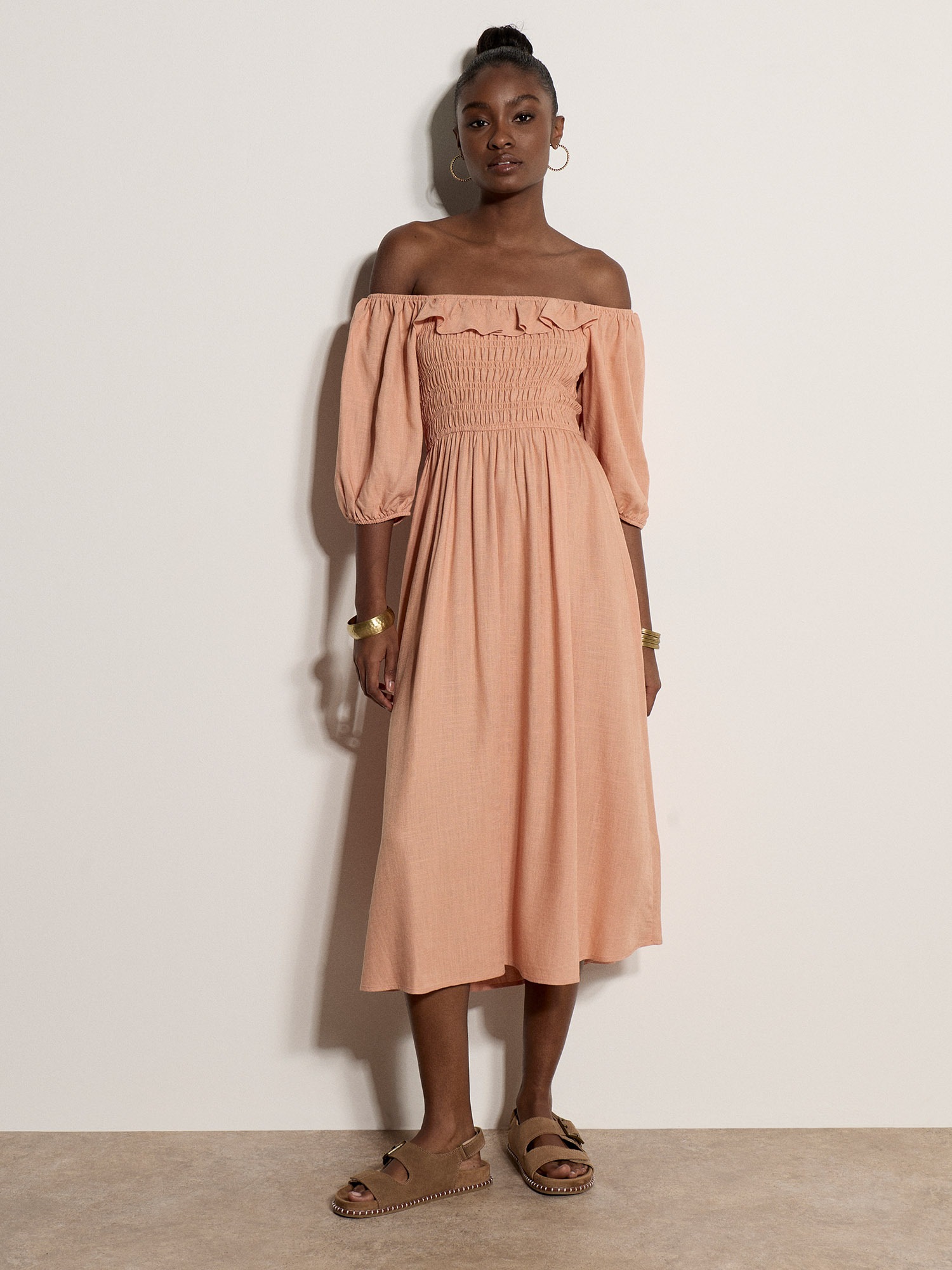 Apricot Maxikleid »Langes Kleid mit Bardot-Ausschnitt« mit Raffungen