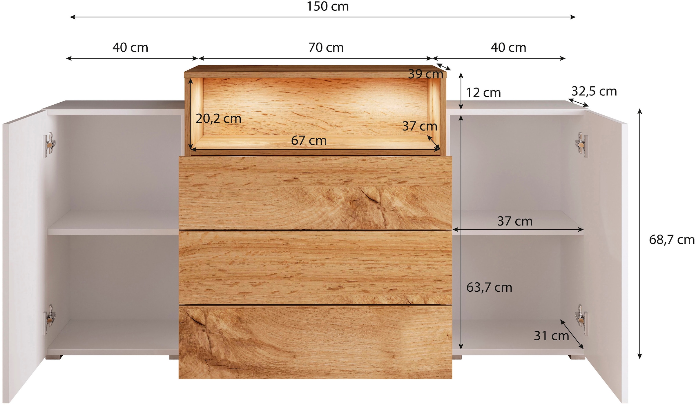 INOSIGN Sideboard »URBAN III«, Moderne Kommode mit 3 Schubladen und 4 Fächern, Breite 150 cm