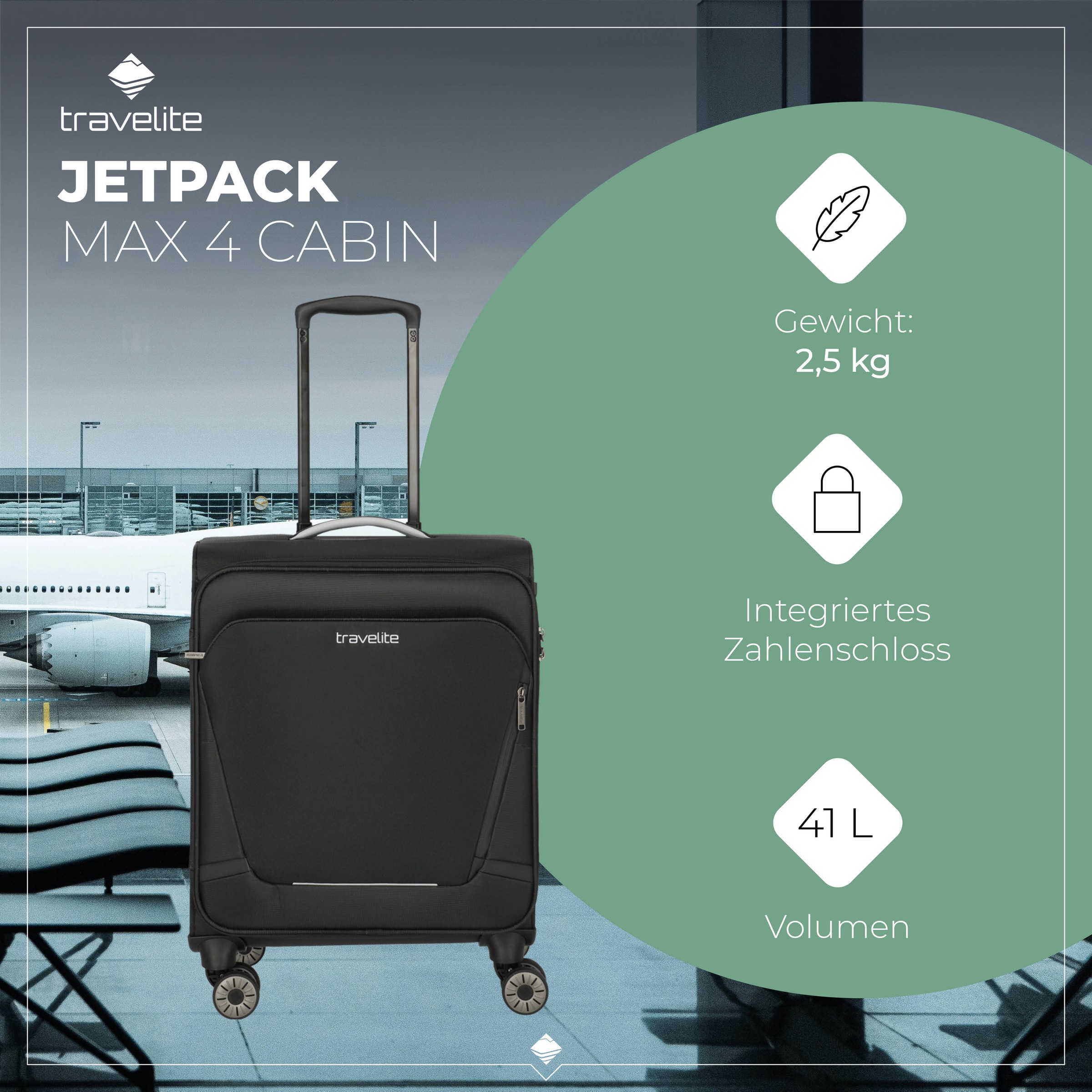 travelite Handgepäck-Trolley »JETPACK Max 4 Cabin Handgepäck Koffer« 41 l 4 Rollen Weichgepäck, passend für Ryanair, Condor und viele gängige Airlines