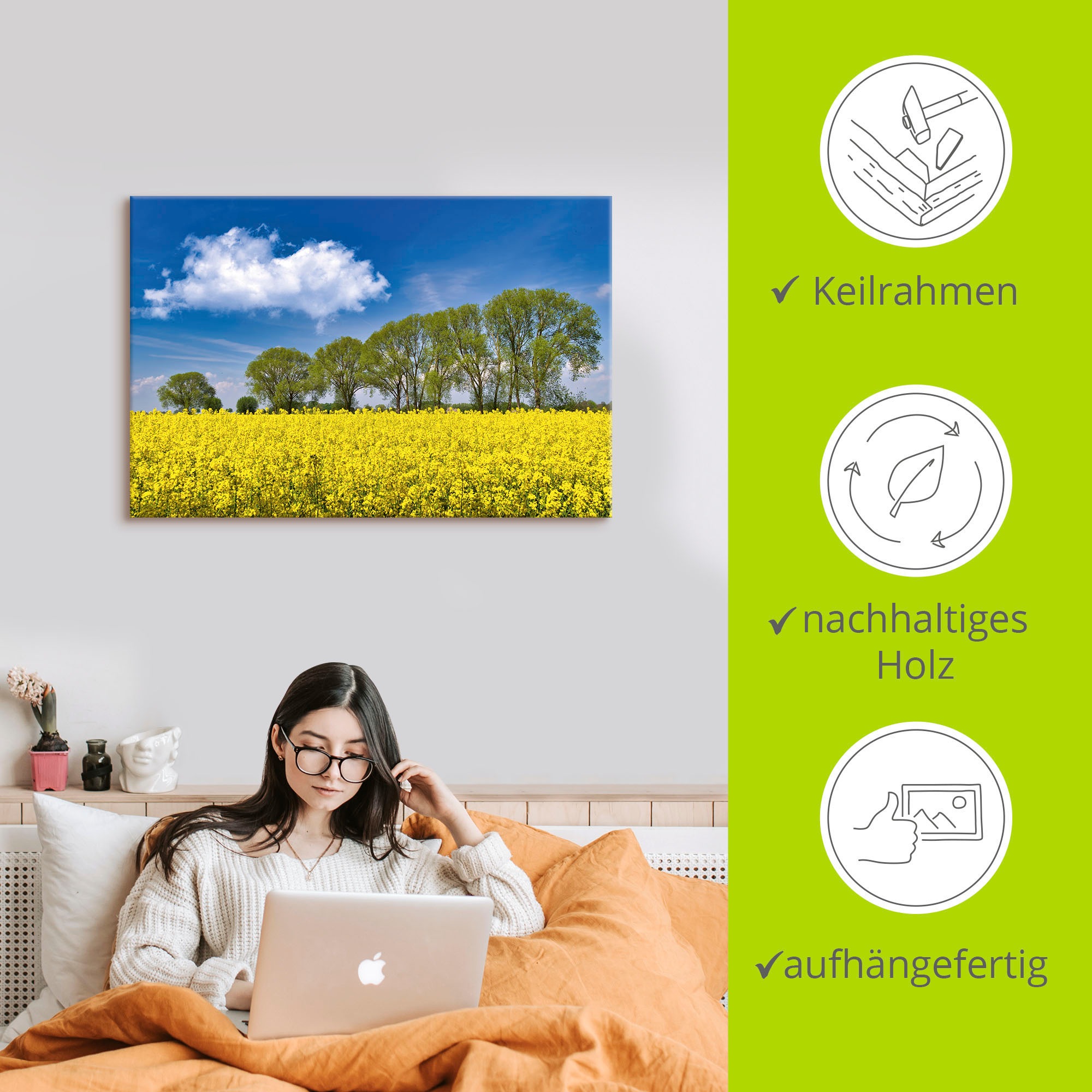 Artland Leinwandbild »Rapsfeld im Frühling«, Felder, (1 St.), auf Keilrahmen gespannt