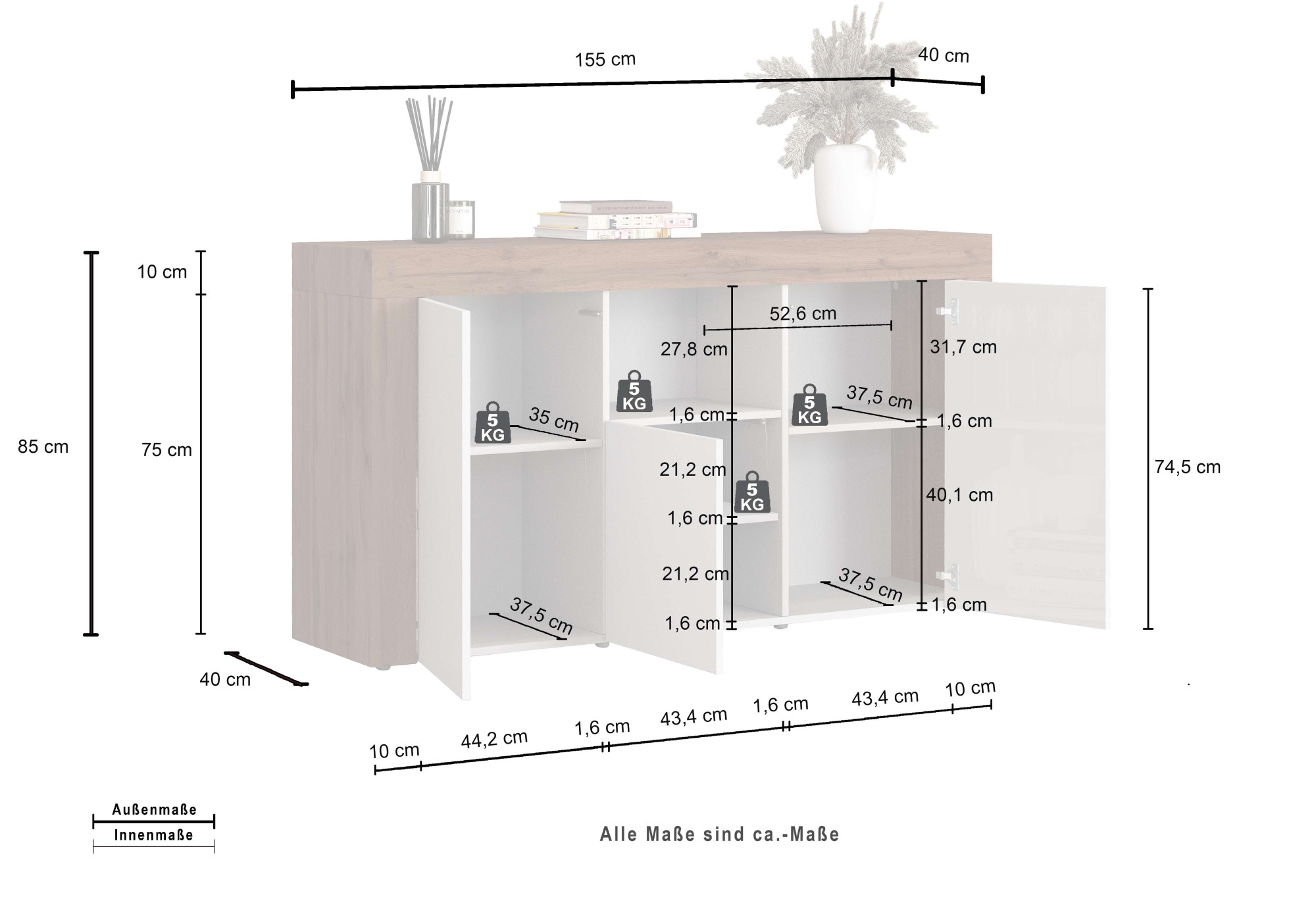 INOSIGN Sideboard »CHRONOS Breite 155 cm mit 3 Türen, 1 offenes und 6 geschlossene Fächer«, (1 St.), Sideboard,Kommode, Schrank, Grifflos mit Push to Open, Made in Italy