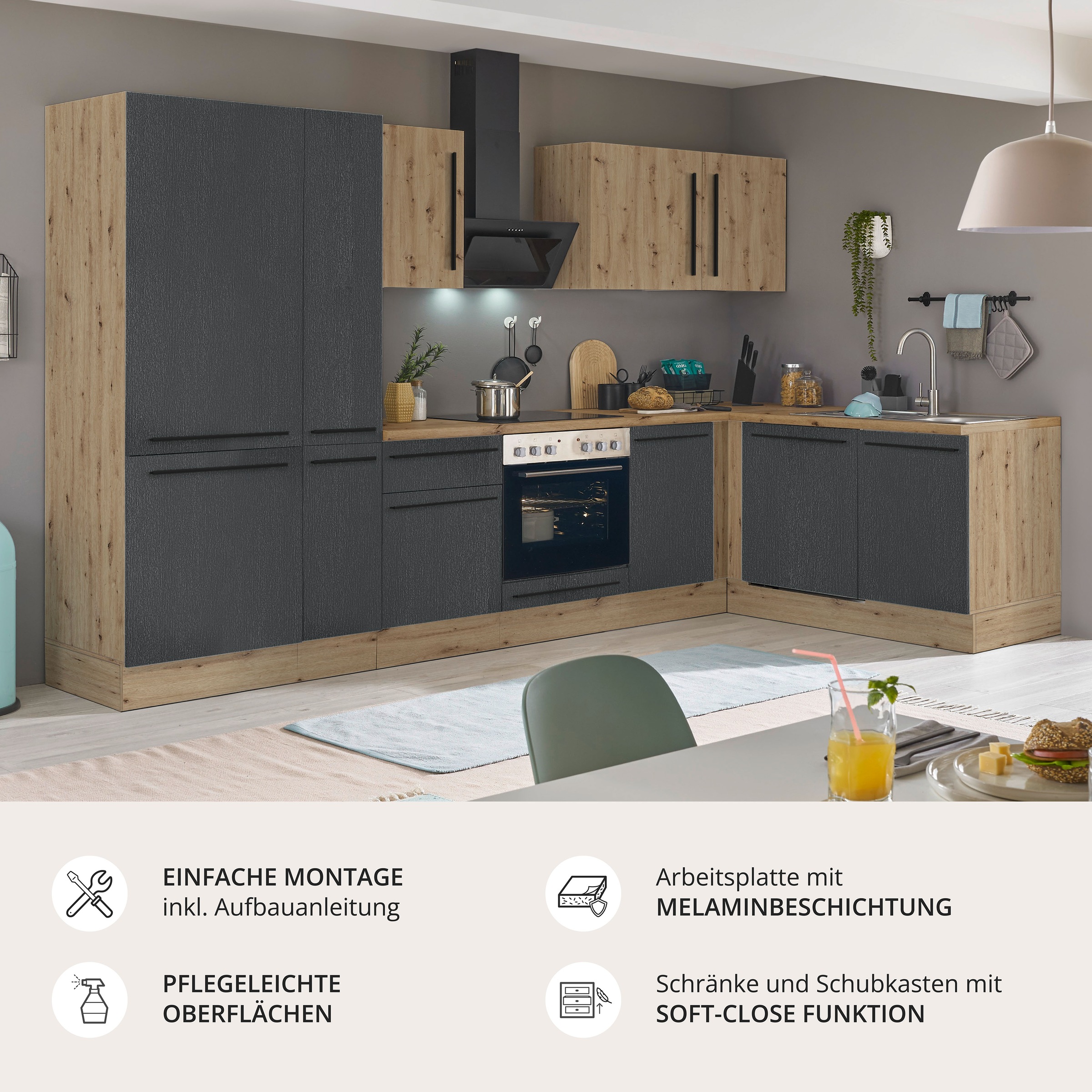 KOCHSTATION Winkelküche »Florida, Stellbreite 310x175 cm« wahlweise mit E-Geräten, mit Softclose für Türen und Schubkästen