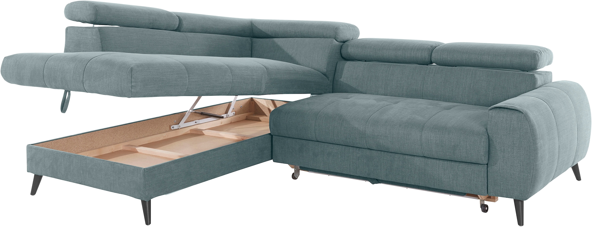 COTTA Ecksofa »Mia L-Form mit 3 Zierkissen«, wahlweise mit Bettfunktion, Bettkasten, Beleuchtung & Wireless-Charger