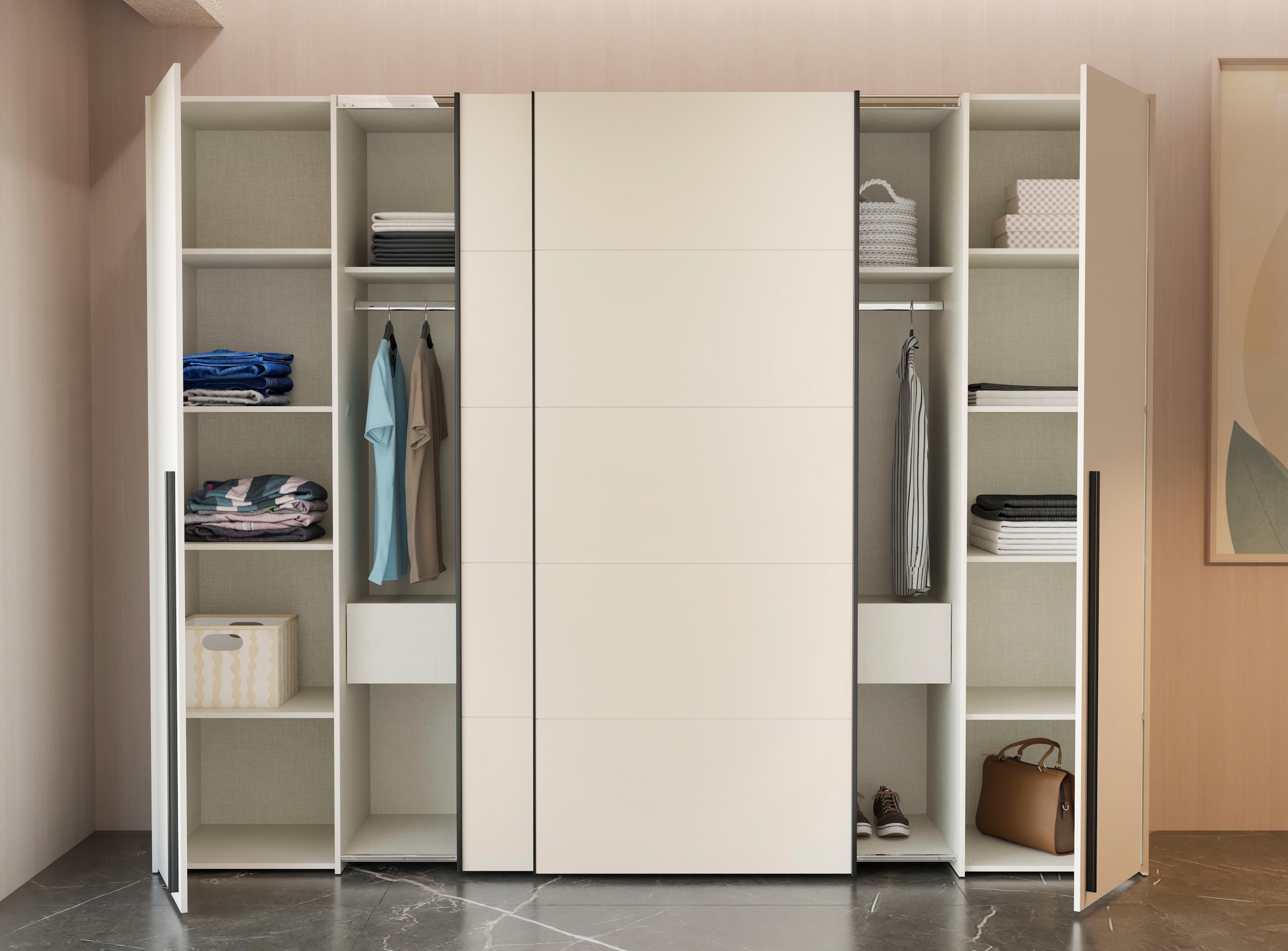 FORTE Dreh-/Schwebetürenschrank »Narago, OTTOs Choice, TOPSELLER, mittlere Paneele farblich wechselbar« B/H/T ca. 270x210X61cm, Farbe Weiß auch mit Spiegeln erhältlich,  gestalte die Schwebetüren einfarbig oder 2 farbig, Made in Europe