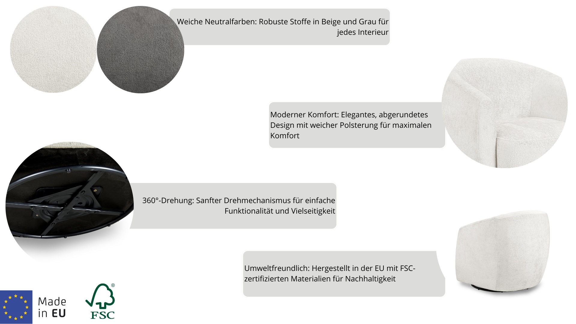 andas Drehsessel »Vallsta«, Breite 85 cm, Chenille oder Boucle Stoff, Drehfunktion verfügbar