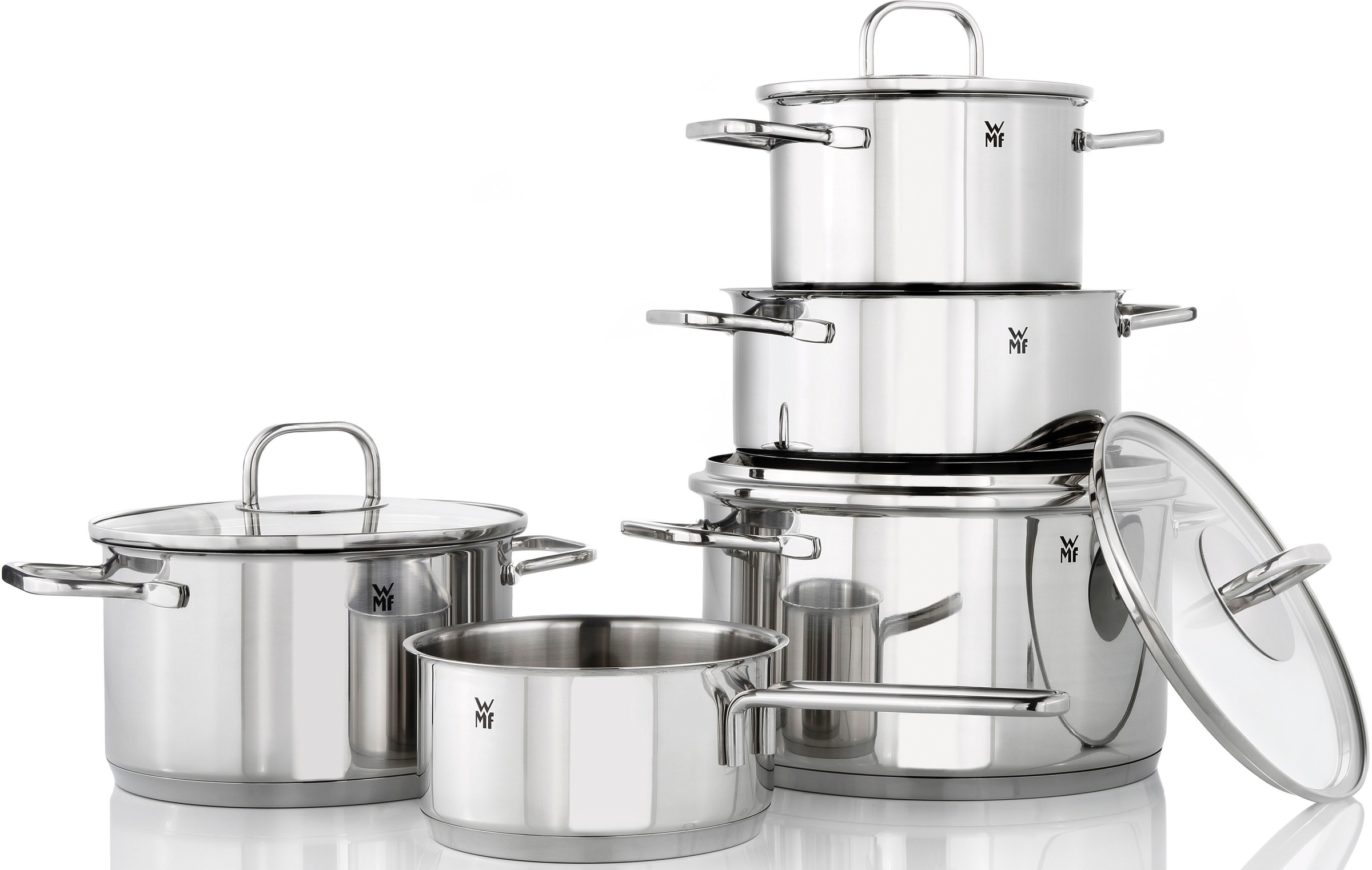 WMF Topf-Set »Inspiration«, Cromargan® Edelstahl Rostfrei 18/10, (Set, 12 tlg., Kochtopf Ø 16/20/24 cm, Bratentopf Ø 20 cm, 1 Stieltopf, 3 Handtücher)