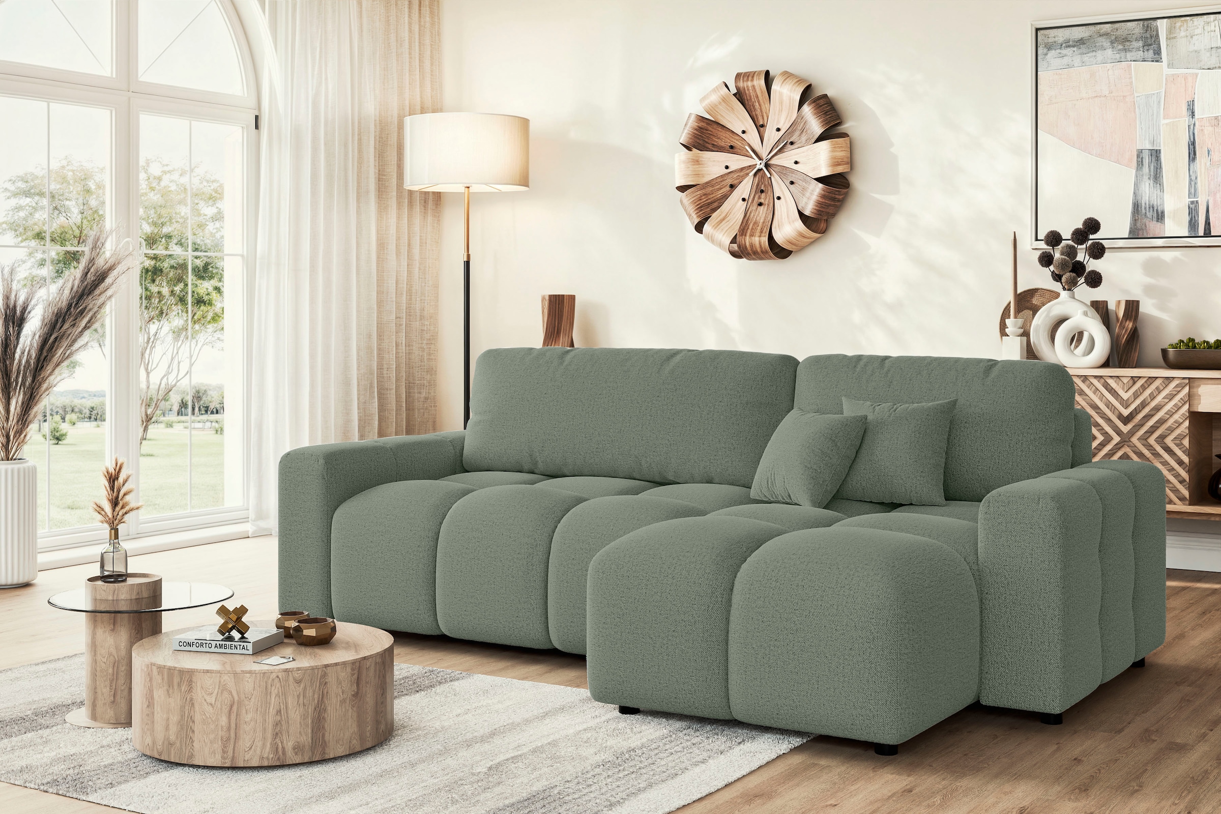 INOSIGN Ecksofa »FELICI, Schlafsofa 233cm, L-Form mit Recamiere beidseitig montierbar«, Designsofa mit Bettfunktion und Bettkasten, Maße B/T/H: 233/142/88 cm