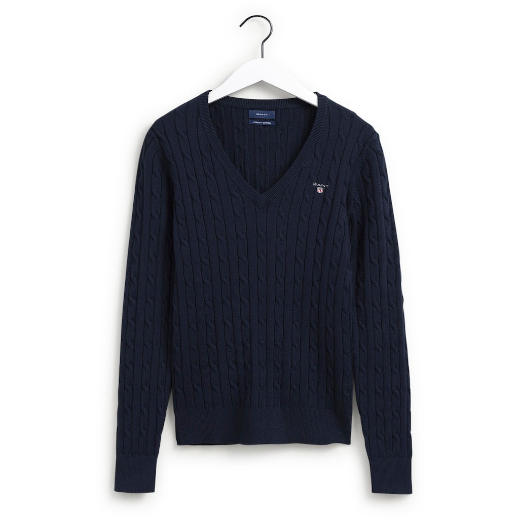 Gant Strickpullover »V-Neck Pullover aus Stretch-Baumwolle mit Zopfmuster« mit kleiner Logo-Stickerei