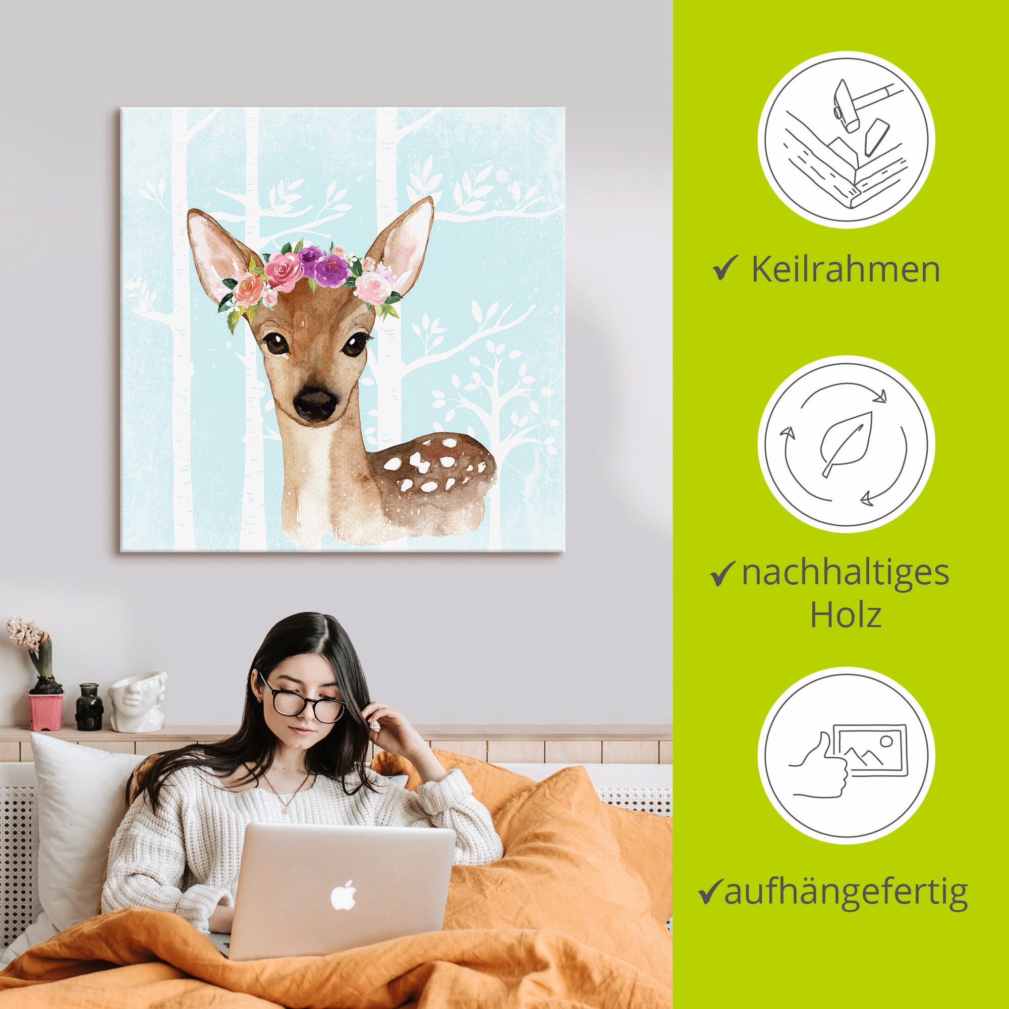 Artland Leinwandbild »Wild Reh mit Blumen im blauen Wald« Tiere 1 Stk. tlg. auf Holzrahmen gespannt
