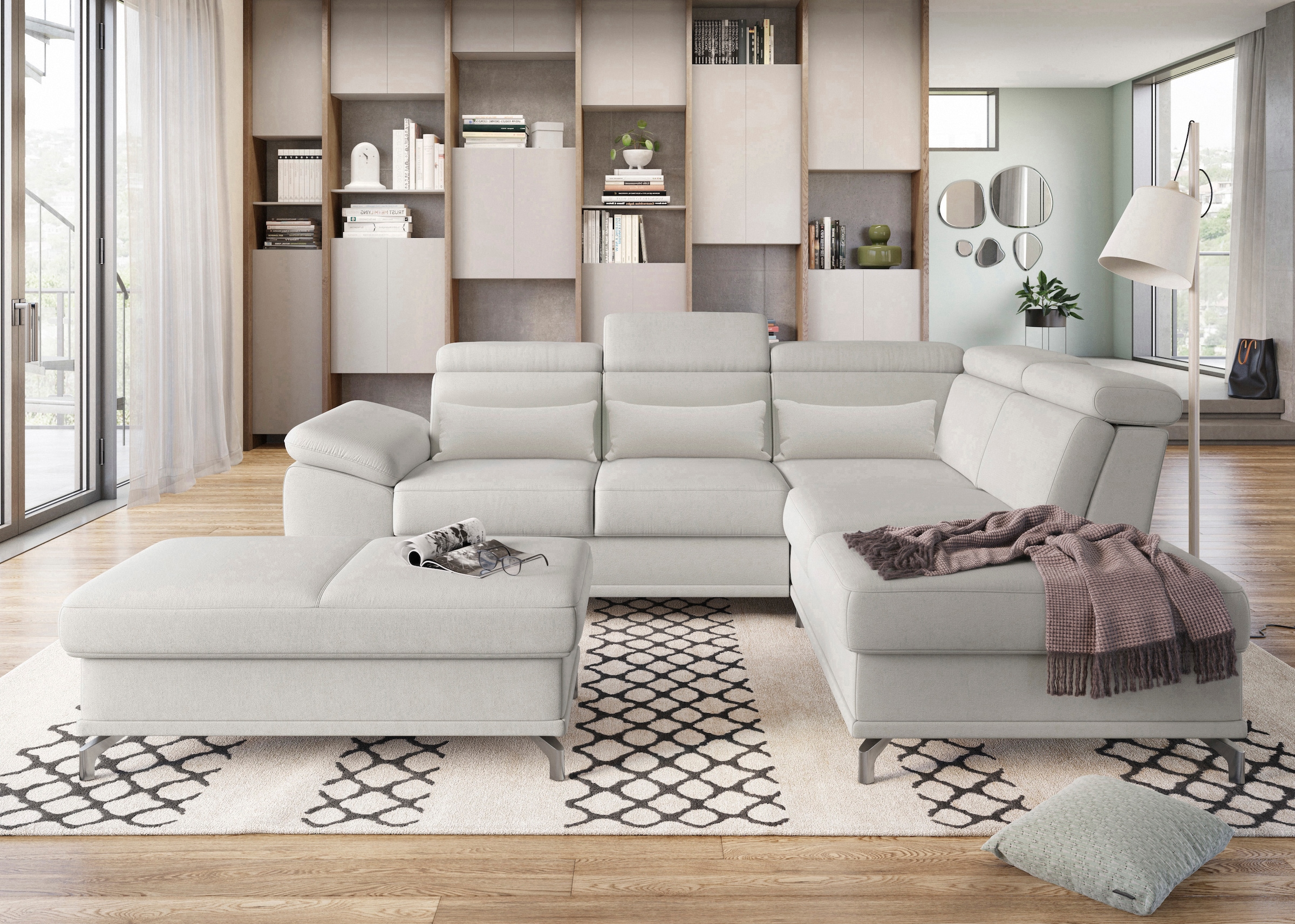 sit&more Ecksofa »Cabrio L-Form, mit Sitztiefenverstellung, Arm- und Kopfteilverstellung«, 3 Nierenkissen, Federkern, optional Bettfunktion und Stauraum