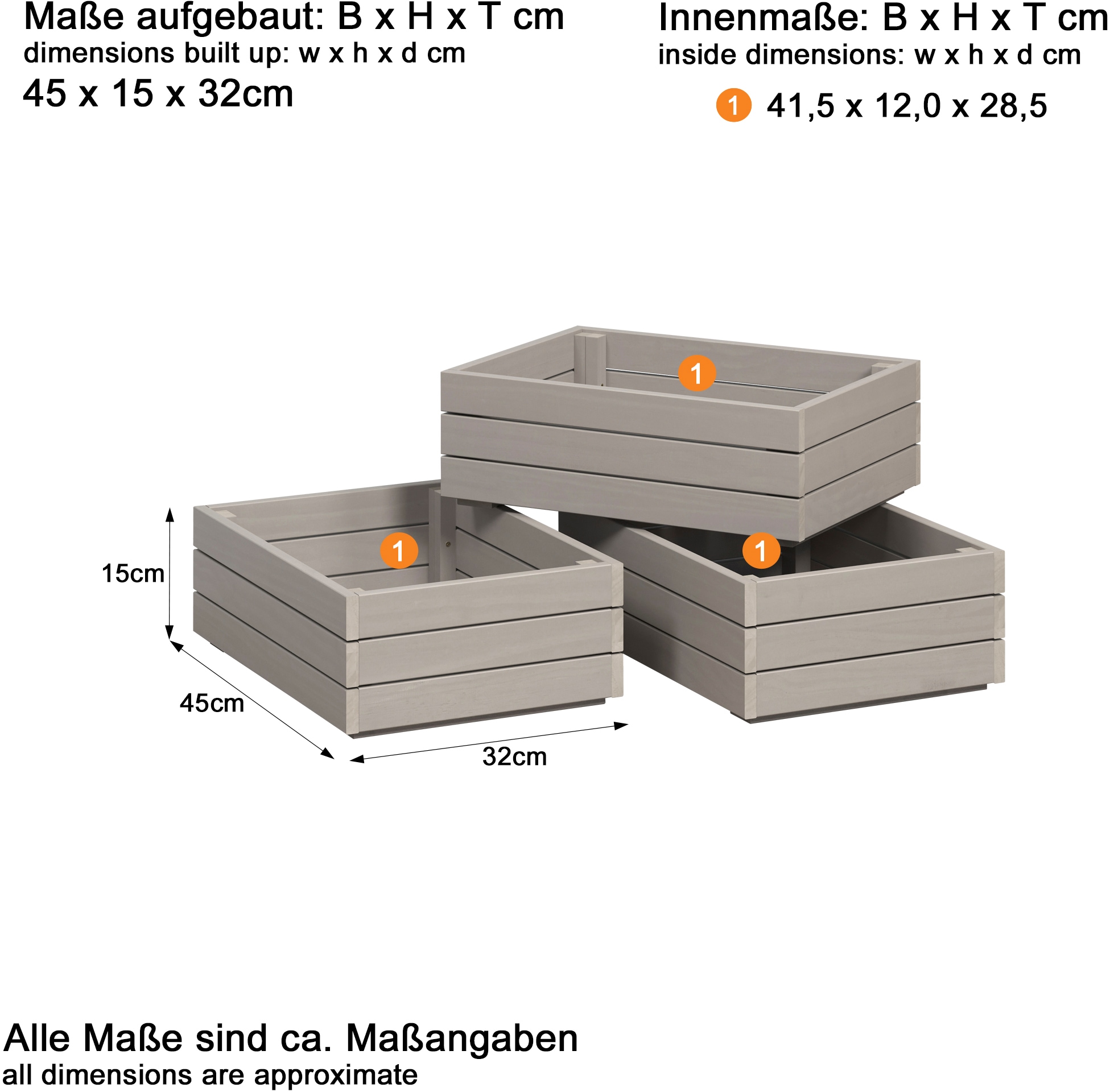 INTER-FURN Schublade »Arona Holzkisten«, (3 St.), 3er Set Massivholzkisten, Kiefer, Grau Wachs, B/H/T: 45 / 15 / 32 cm