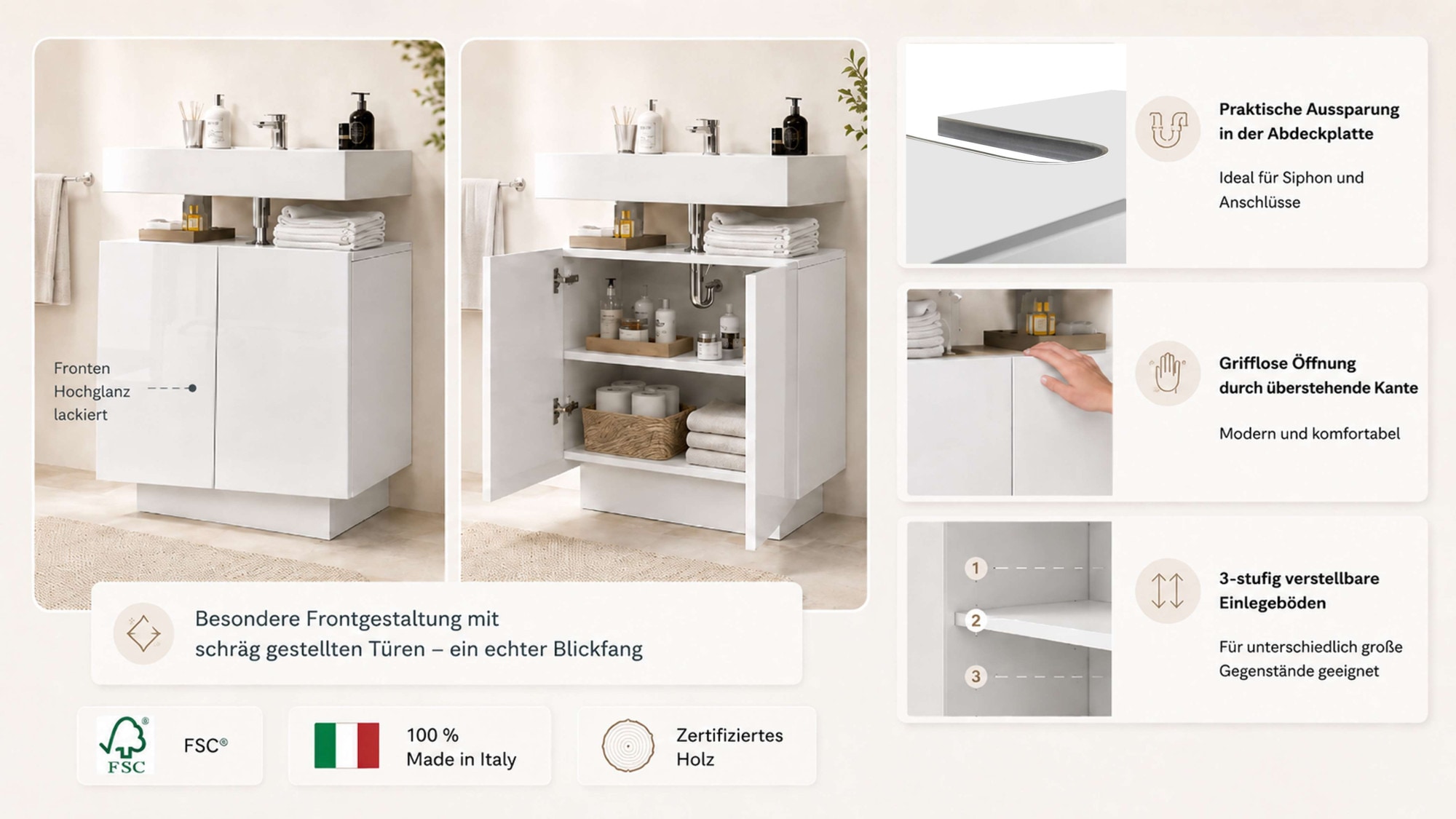 welltime Waschbeckenunterschrank »Vela,Breite 60cm, 2 Türen, 2 Fächer, mit Siphonausschnitt, lackiert« 1 Stk. tlg. Waschbeckenunterschrank,Waschtisch,Design mit schrägen Türen