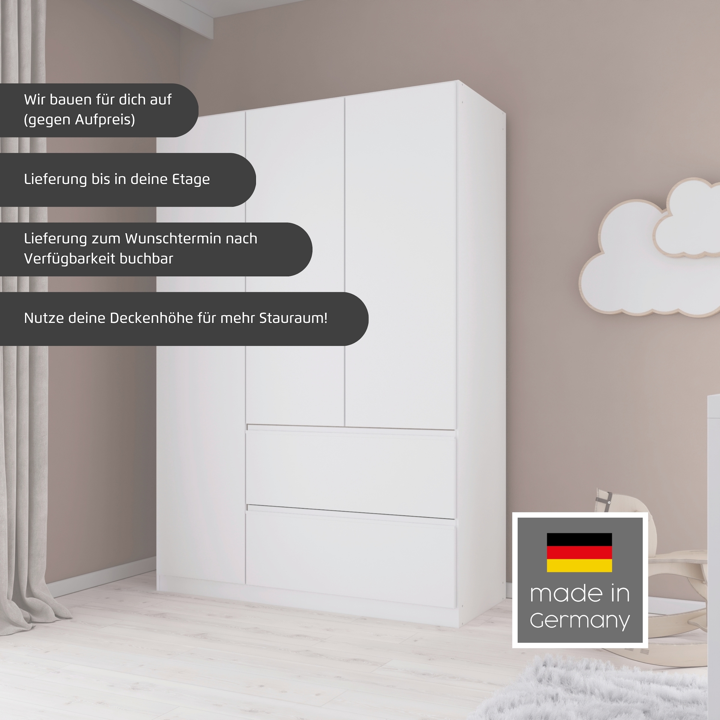 rauch Jugendzimmer-Set »Komplettzimmer Schlafzimmer-Set (5-St.) Jugendzimmer-Set JOEL« Set, Bett 90x200 oder 140x200 cm, Ausstattungspakete BASIC/CLASSIC/PREMIUM, 5 Stk. tlg.