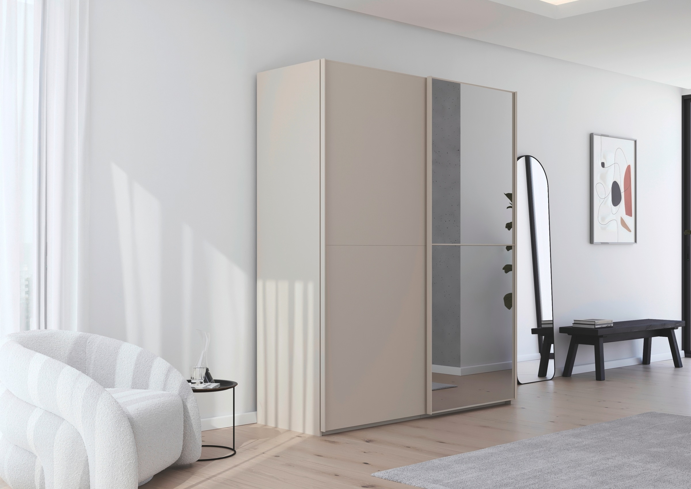 rauch Schwebetürenschrank »Kleiderschrank Schrank Garderobe Schlafzimmerschrank SCALE-DUO« edle zweigeteilte Türen, Spiegel und 3 Zierleisten MADE IN GERMANY