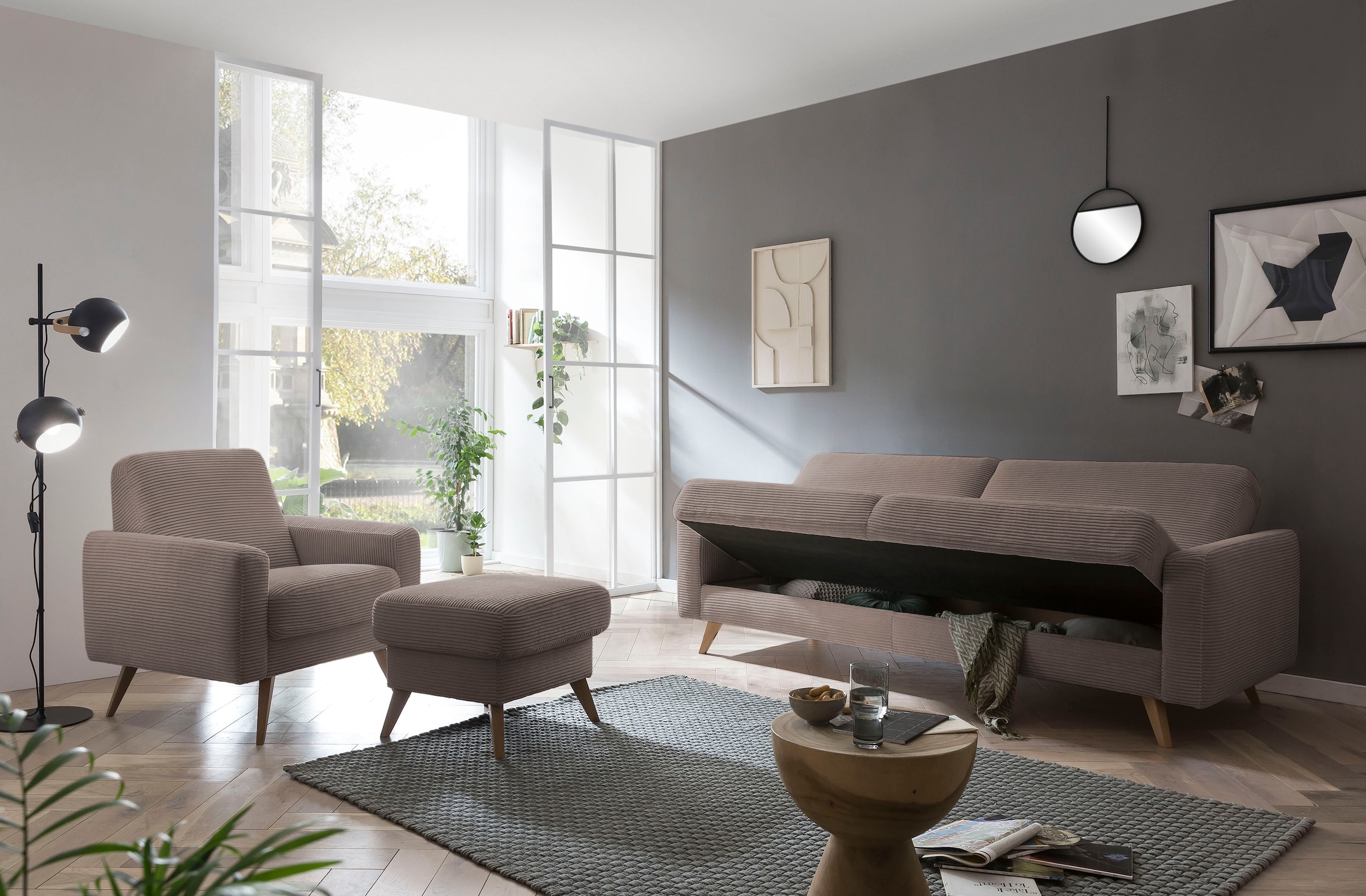 exxpo - sofa fashion 3-Sitzer »Samso, elegant und bequem, aktueller Cord Bezug, Kippcouch«, hochwertige Verarbeitung, Schlafsofa inkl. Bettfunktion und Bettkasten