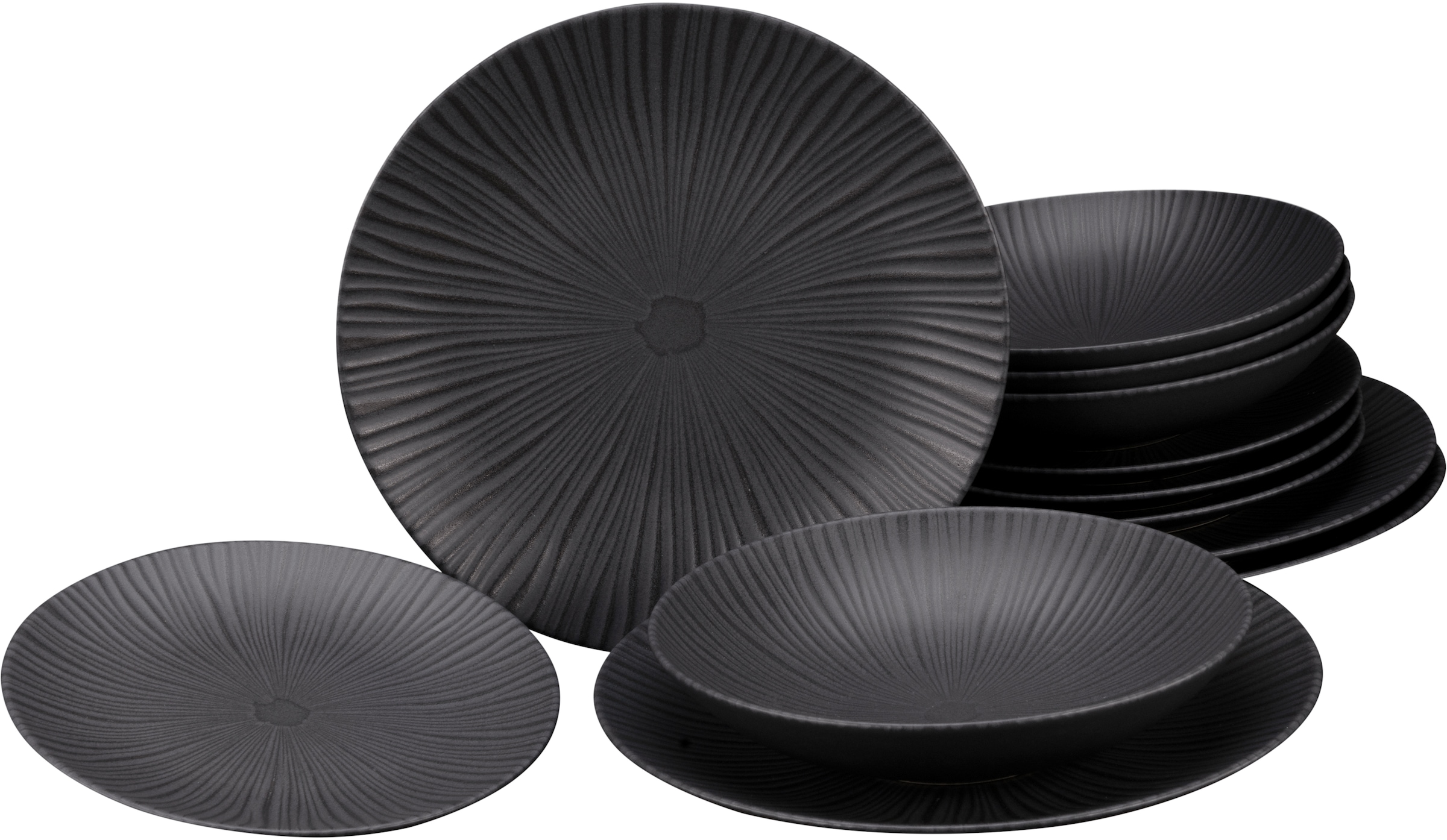 CreaTable Tafelservice »Geschirr-Set ausdrucksstarkes Jahren XXL für schwarz, tlg., (Set, 4 Teller für 12 Vesuvio«, mit Set Teile, Personen Personen), 3 12 Garantie Relief, 4 Service