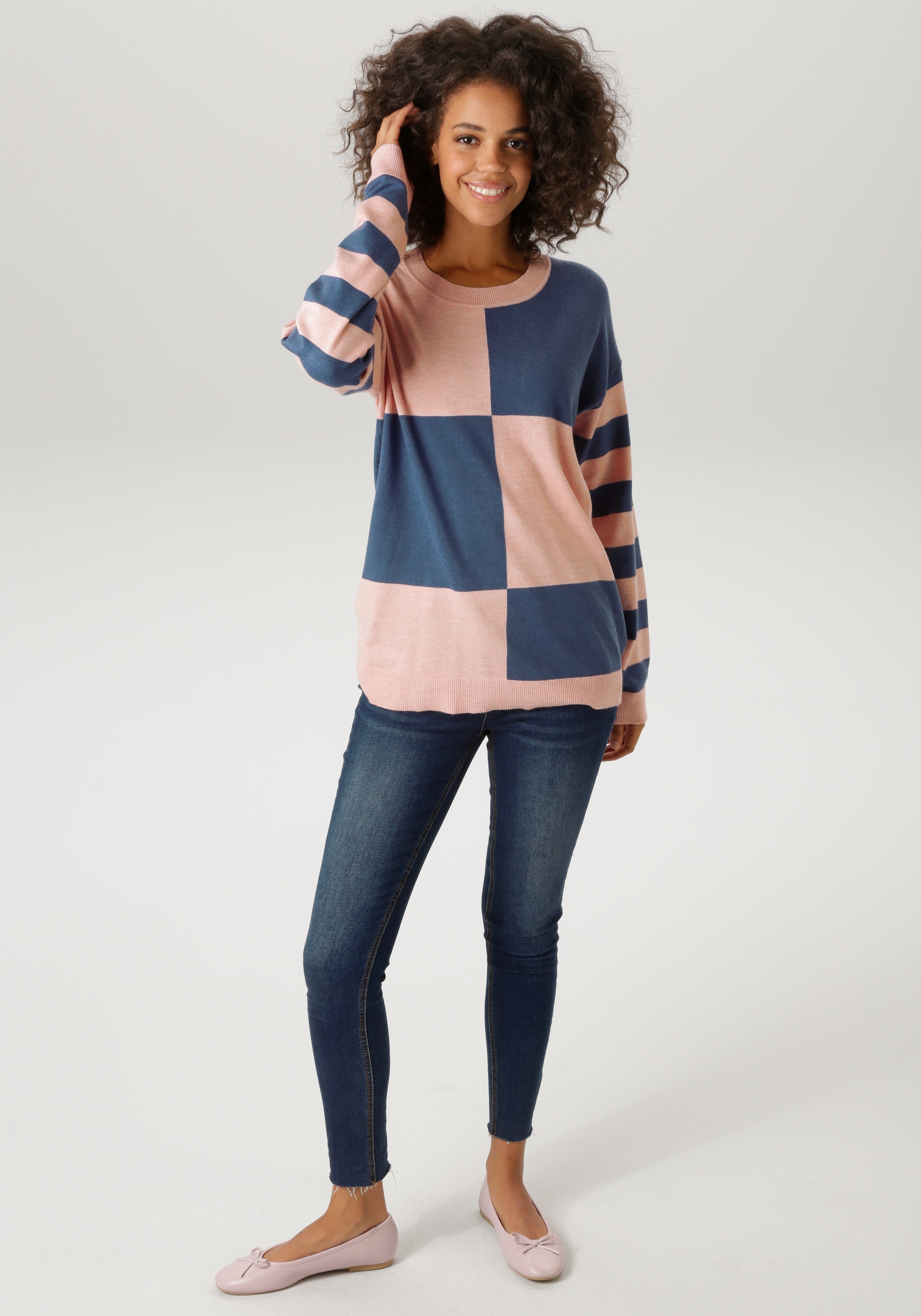 Aniston CASUAL Strickpullover mit großflächigem Patchmuster und geringelten Ärmeln