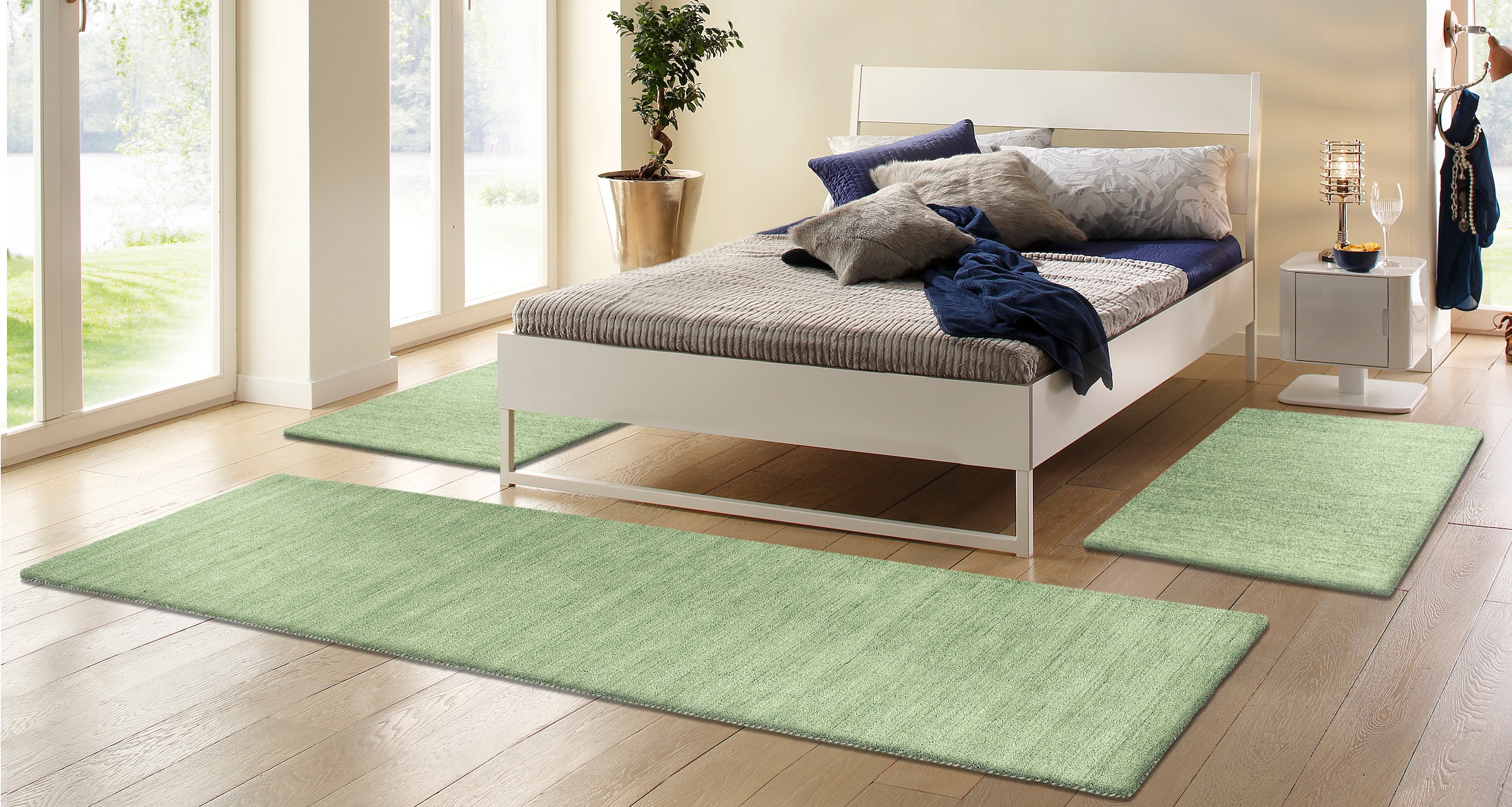 THEKO Bettumrandung »Gabbeh Uni, Handweb Teppich, meliert, reine Wolle« Höhe 14 mm 3 Stk. tlg. Bettvorleger, Uni-Farben, handgewebt, Läufer-Set, Schlafzimmer