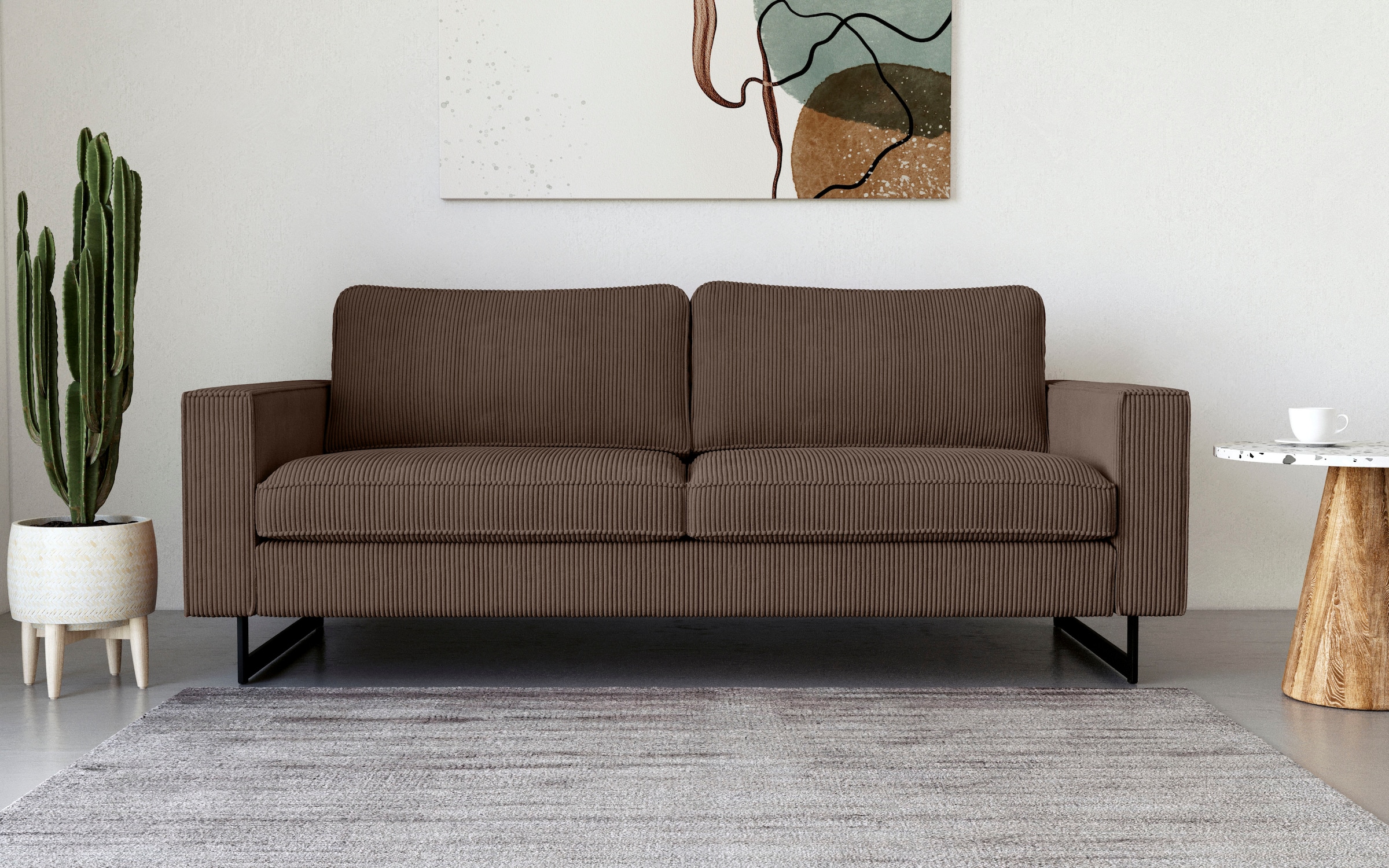 PLACES OF STYLE 2-Sitzer »Pinto, 166 cm, Cord, Chenille, Lederoptik« mit Keder, schwarze Metallfüße, Wellenunterfederung