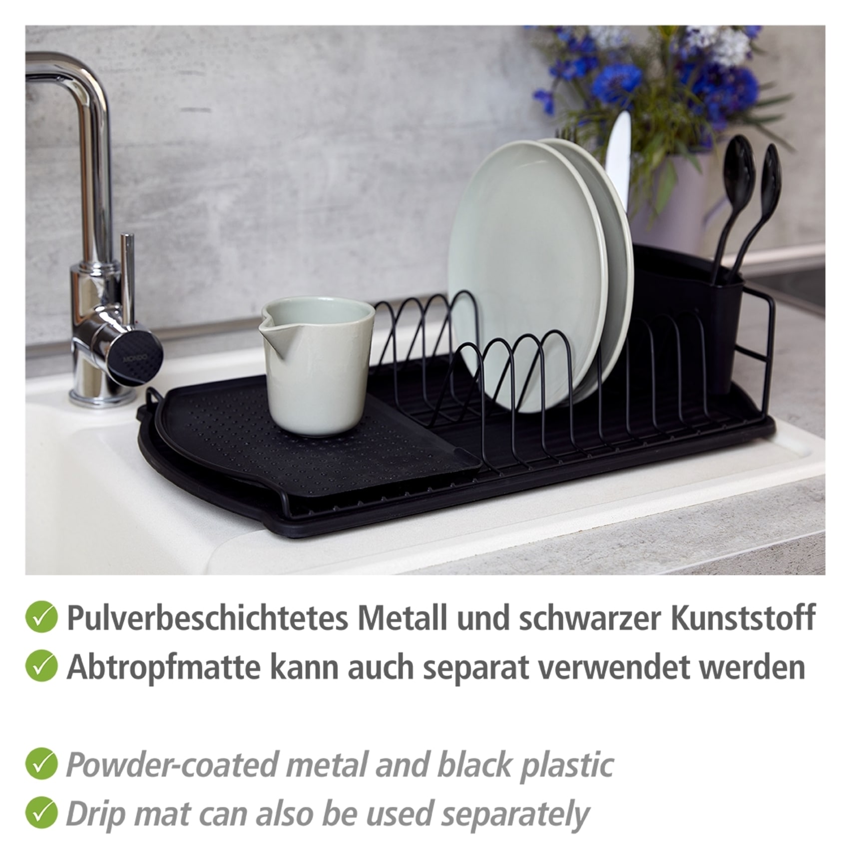 WENKO Trockenständer »Modell Basic«, Abtropfgestell für Geschirr mit Besteckkorb, Metall/Kunststoff