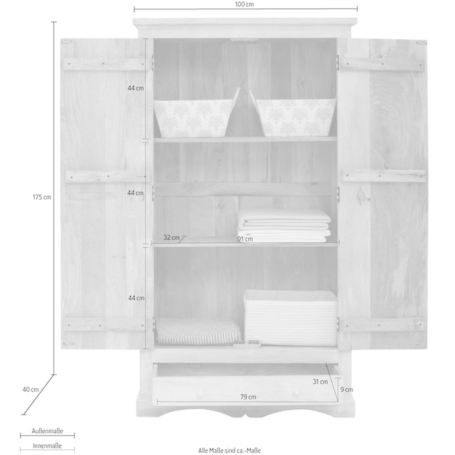 »Landor«, kaufen bequem Breite Home affaire Drehtürenschrank 100 Mangoholz, cm Stauraumschrank, Einlegeböden, Schubkasten, 2