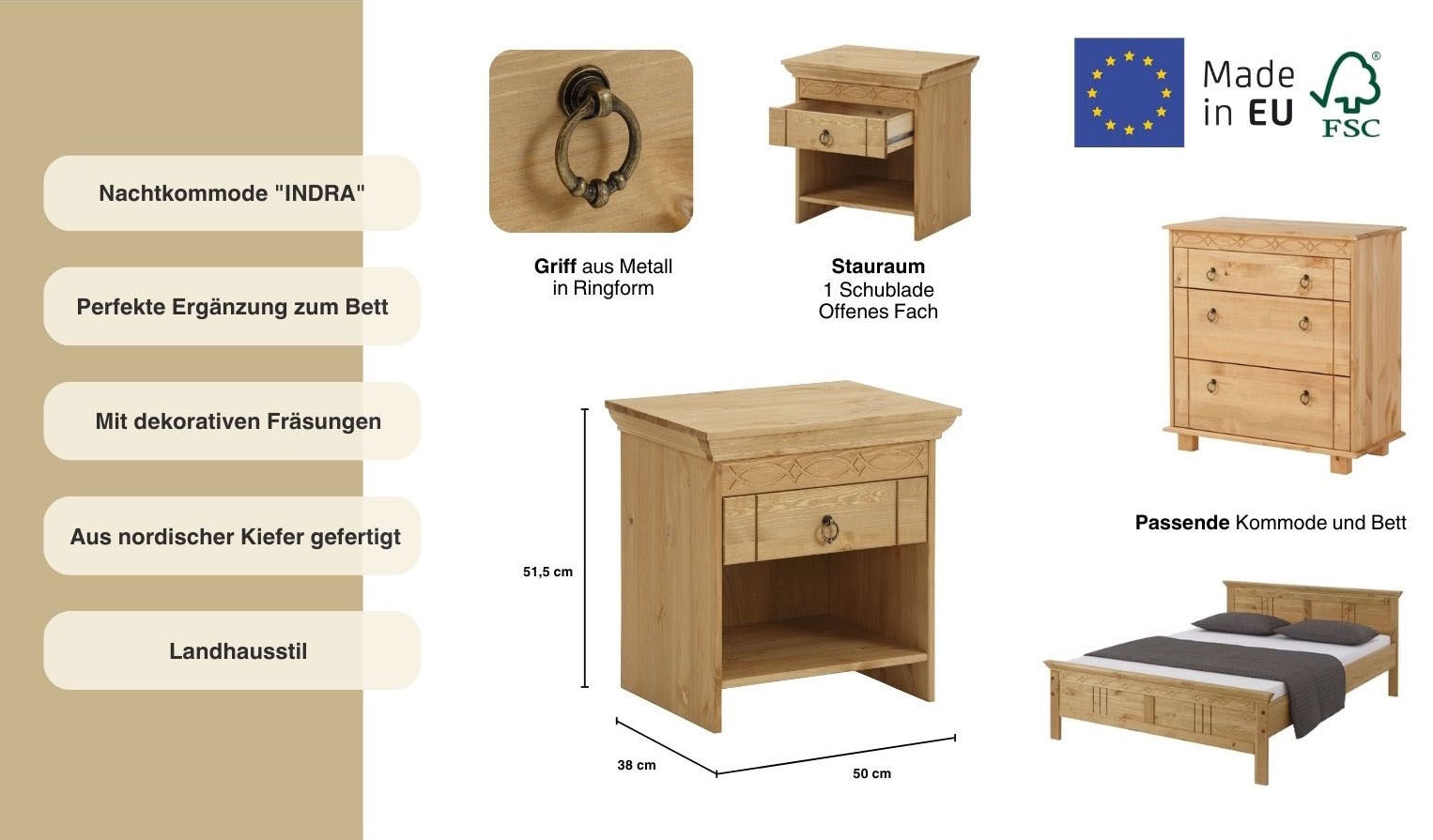Home affaire Nachtkommode »Indra«, Nachttisch mit dekorativen Fräsungen, Breite: 50 cm