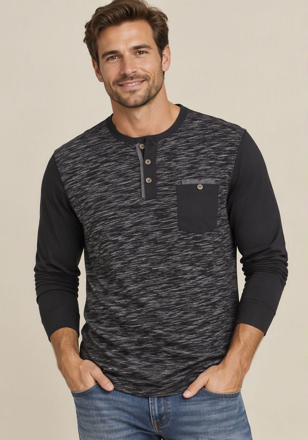 Arizona Longsleeve Langarm,  melierte Optik,  Rundhalsausschnitt mit Knopfleiste