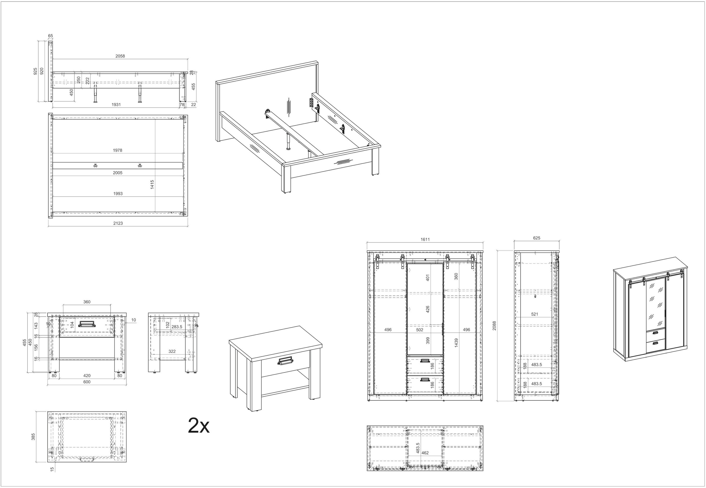 Home affaire Schlafzimmer-Set »SHERWOOD«, (4 tlg.), Liegefläche 140x200cm, Schrank 3-trg. 162cm breit
