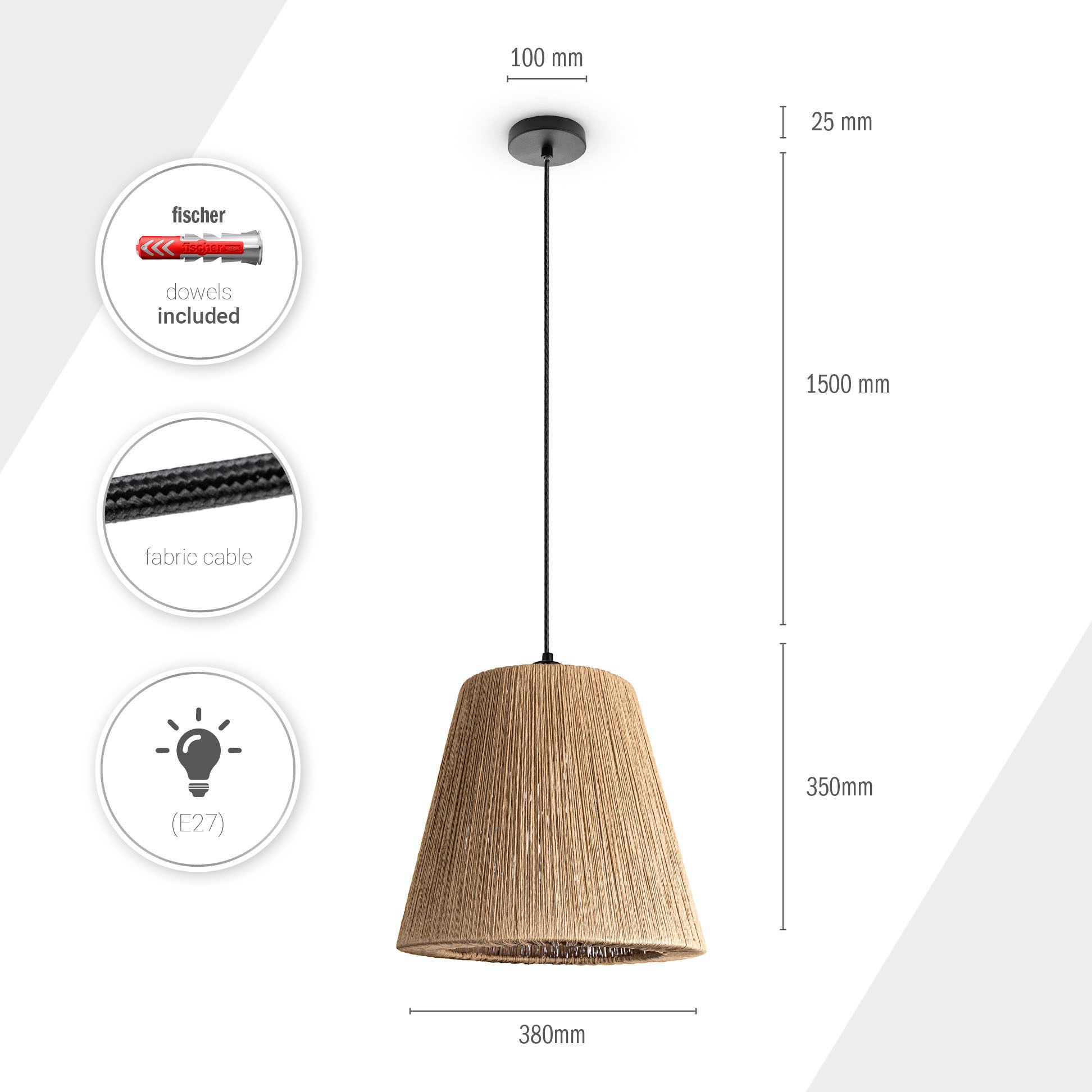 Paco Home Pendelleuchte »VORGU«, Leuchtmittel E27 | ohne Leuchtmittel, E27 Pendelleuchte Papier Boho Rattan Optik Natur Deckenlampe Vintage