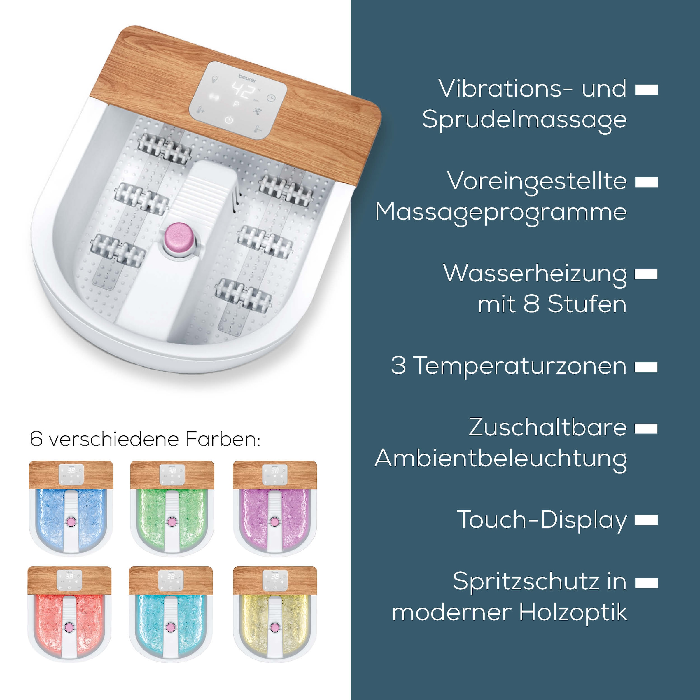 BEURER Fußbad »FB 65 mit Wasserheizung von 34 - 48°C, inkl. 3 Massageaufsätze«, Zuschaltbare Ambientebeleuchtung mit 6 Lichteffekten