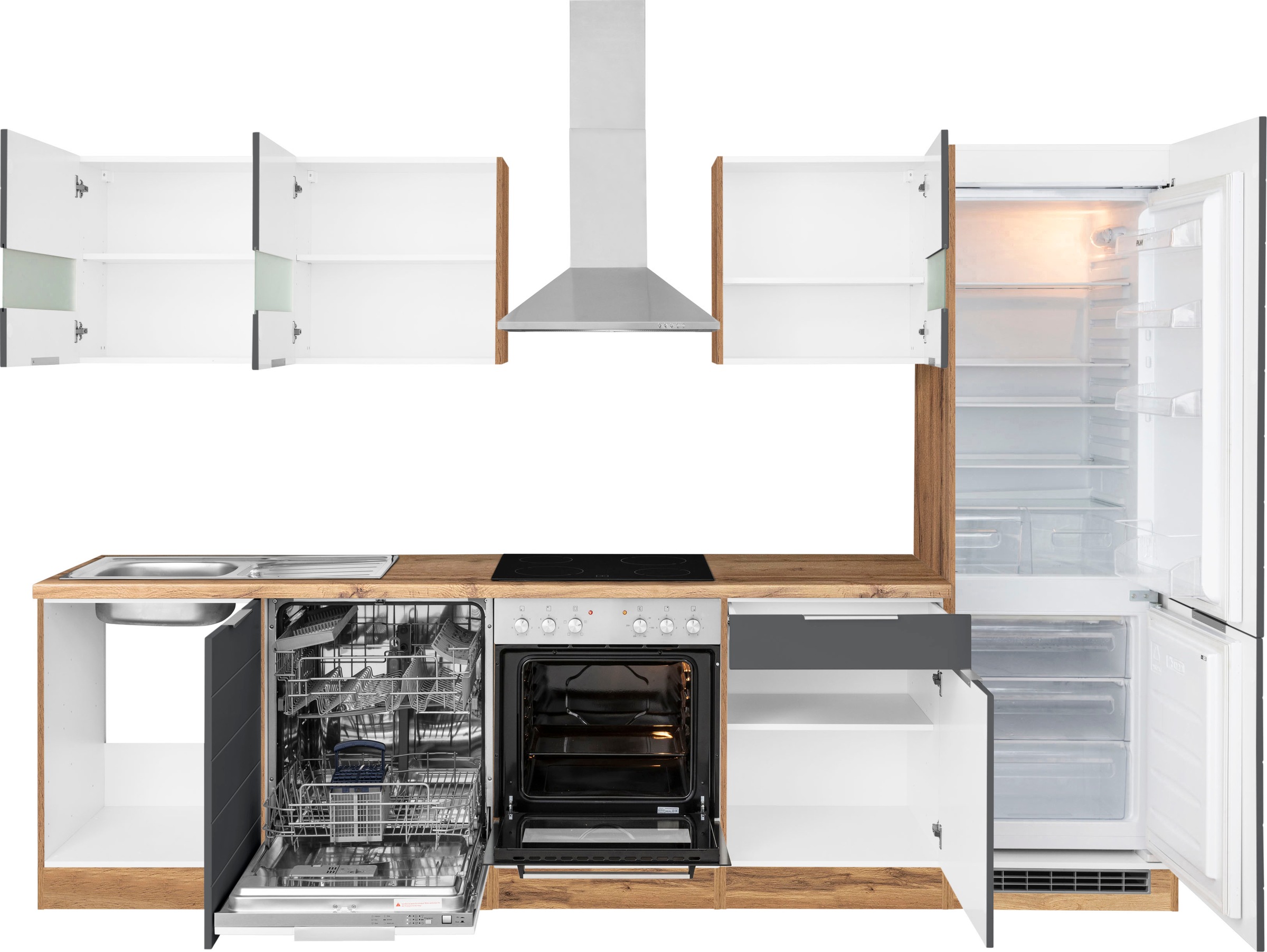 KOCHSTATION Küchenzeile »KS-Luhe« 300 cm breit, wahlweise mit oder ohne E-Geräten, gefräste MDF-Fronten