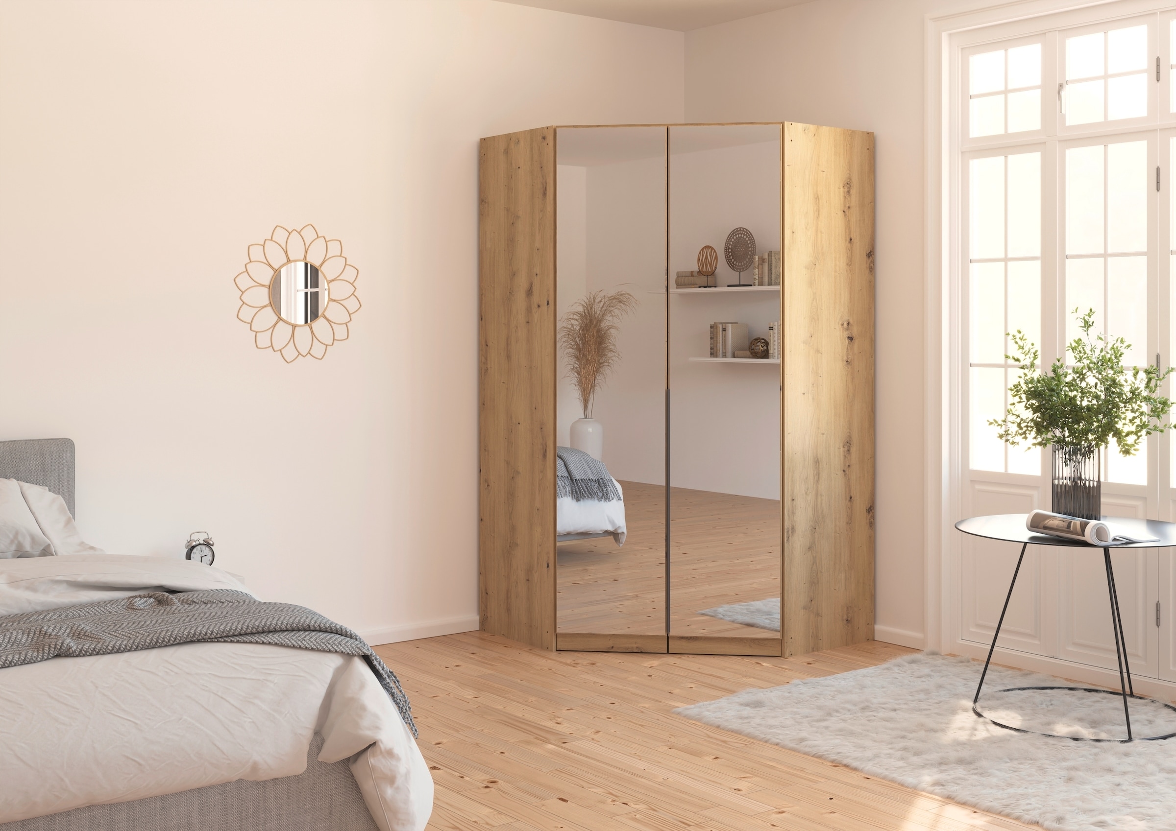 rauch Eckkleiderschrank »Kleiderschrank Schrank Ankleidezimmer Schlafzimmer Garderobe AGORDO«, (in zwei Griff-Farben), mit Spiegeltüren, voll ausgestattet mit viel Stauraum MADE IN GERMANY