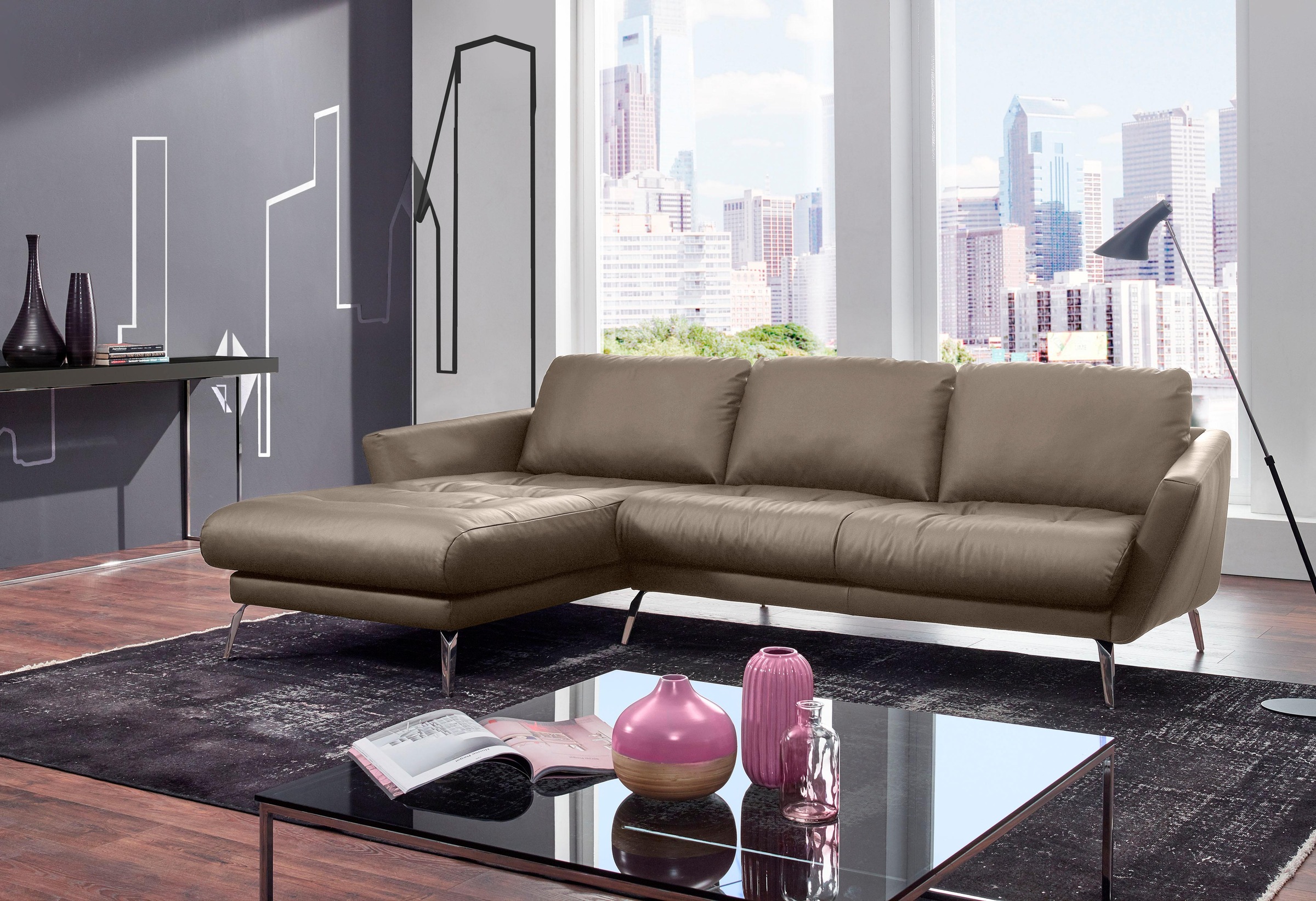 W.SCHILLIG Ecksofa »softy, Designsofa, zeitlos und elegant, hoher Sitzkomfort, L-Form«, mit dekorativer Heftung im Sitz, Füße Chrom glänzend