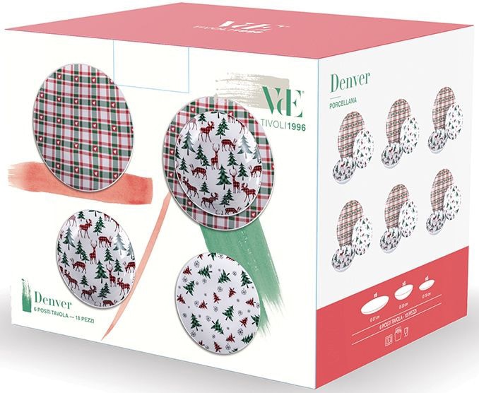 Villa d'Este Tafelservice »Geschirr-Set, Service Denver, Winter, Weihnachen«, (Set, 18 tlg.), Speiseteller, Suppenteller, Dessertteller, 18 Teile, für 6 Personen
