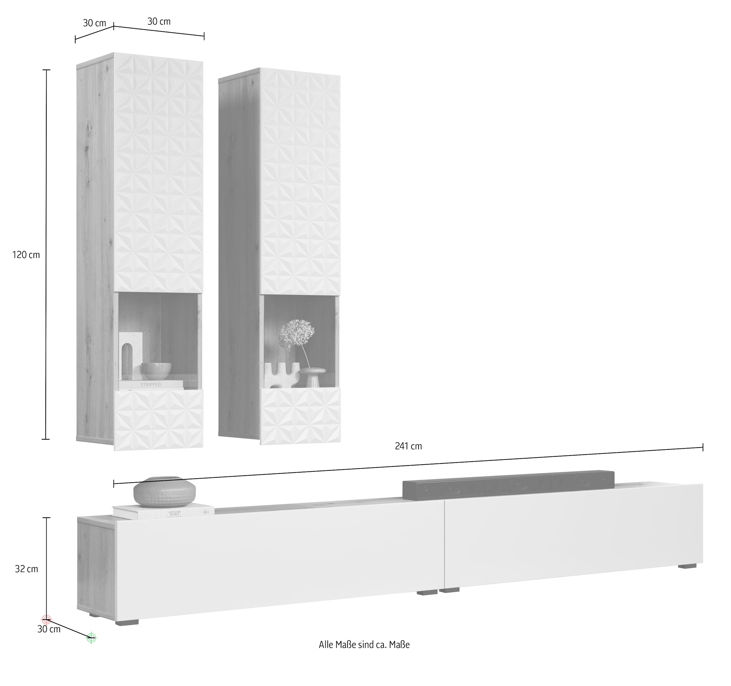 INOSIGN Wohnwand »Rezzo, 2 Hängevitrinen mit Relief-Front, 2 Lowboards je Br. 120 cm«, (Komplett-Set, 4 St.), insgesamt Br. 240 cm, Montage stehend oder hängend