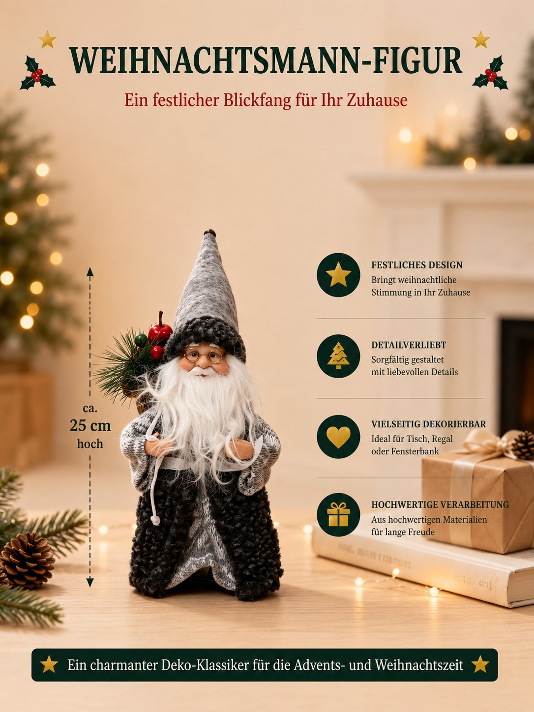 OTTO home Weihnachtsmann »Dekoration für Weihnachten, klassisch -traditionell oder skandi-grau« mit Sack und Geschenken, jeweils in 2 Größen: ca. 25 oder 45 cm hoch